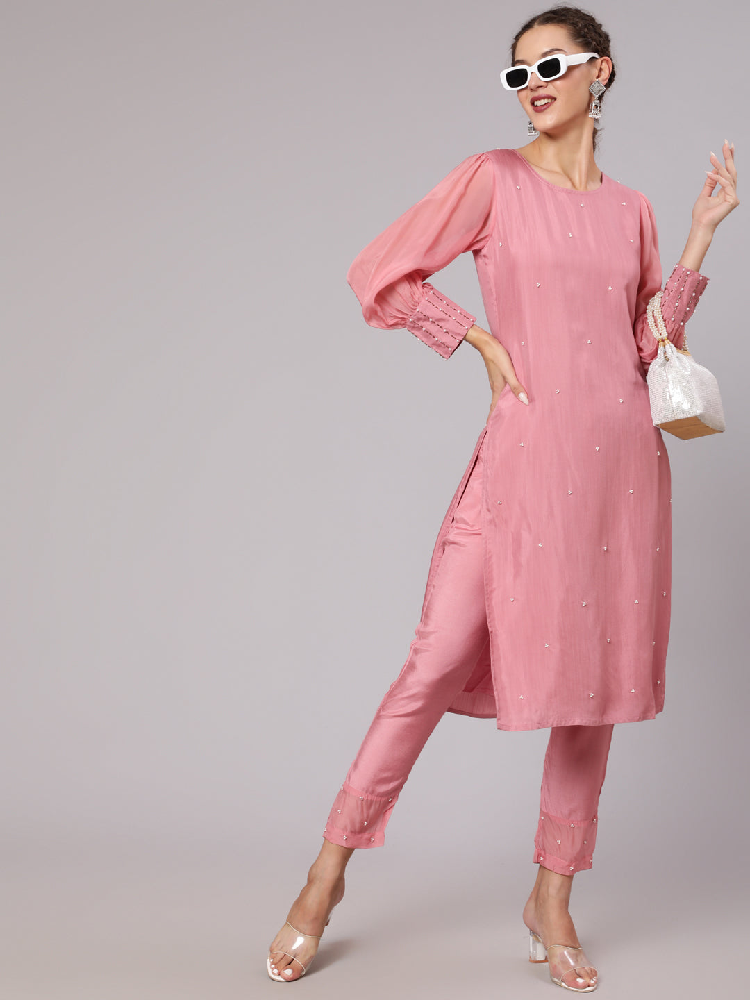Buy Women Pink Silk Puffed Sleeves Kurta Pant | Jaipur Kurti Shop Pink Silk Fabric Pearl Embellished Puffed Full Organza Sleeves Straight Kurta & Rayon Pants with Pockets for Women At Jaipur Kurti on Special Discounts
