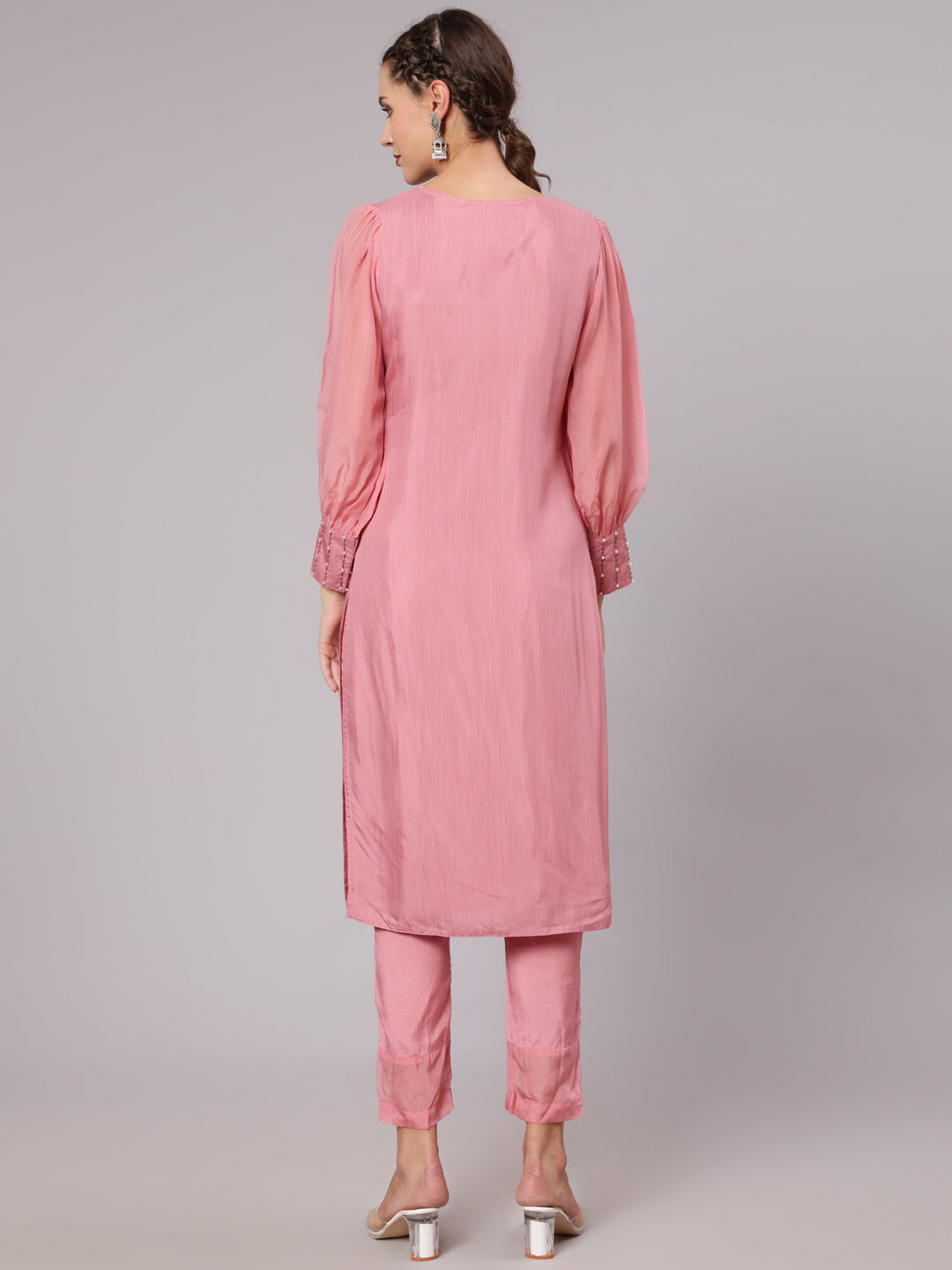 Buy Women Pink Silk Puffed Sleeves Kurta Pant | Jaipur Kurti Shop Pink Silk Fabric Pearl Embellished Puffed Full Organza Sleeves Straight Kurta & Rayon Pants with Pockets for Women At Jaipur Kurti on Special Discounts
