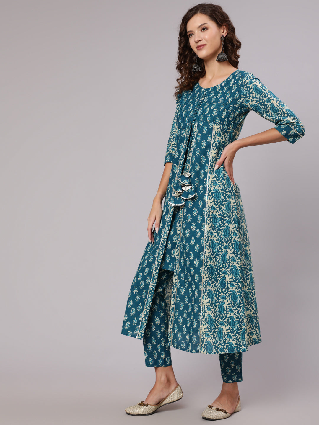 Blue Cotton Printed Embellished A-Line Flared Kali Kurta With Pants