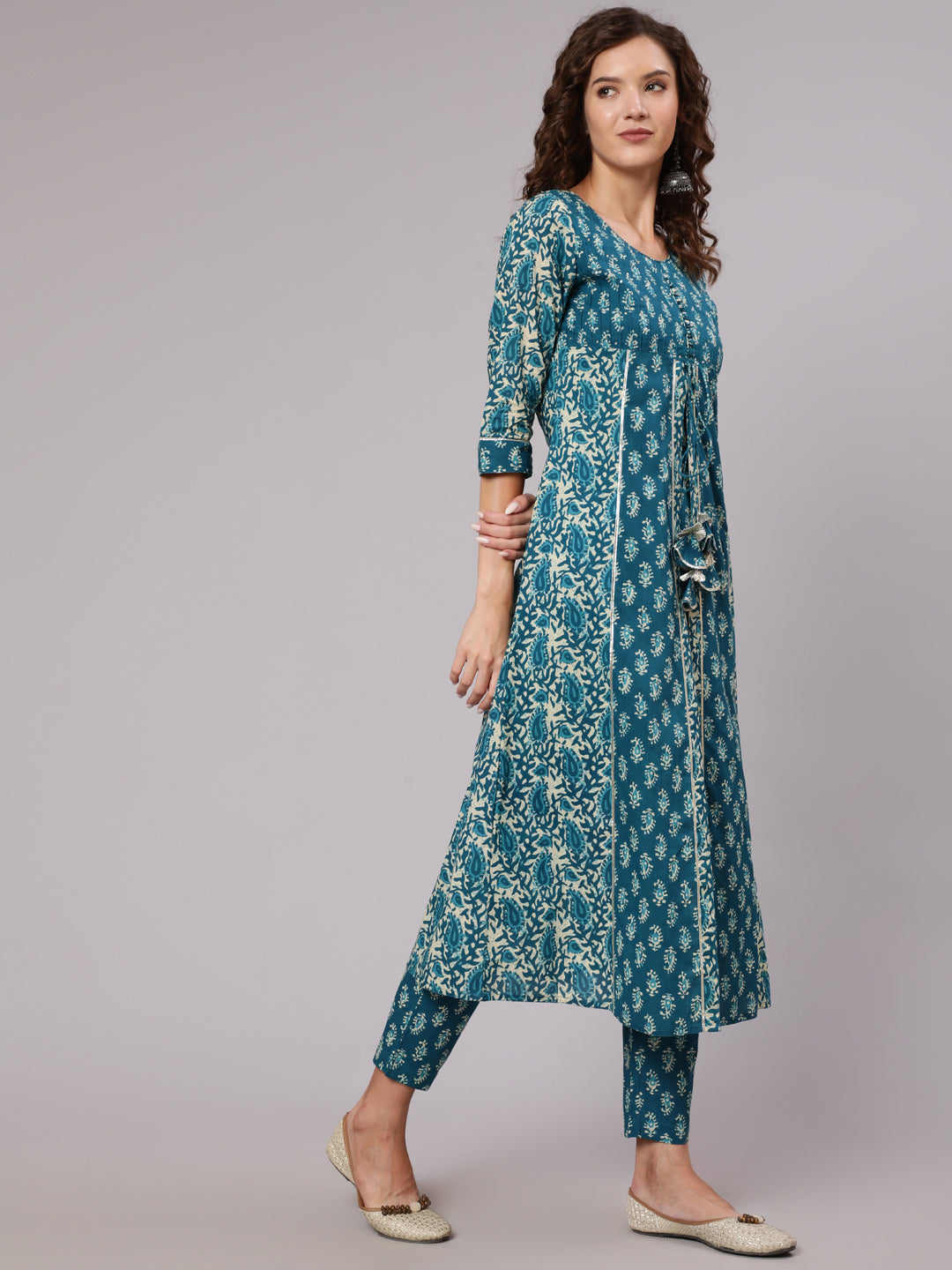 Blue Cotton Printed Embellished A-Line Flared Kali Kurta With Pants