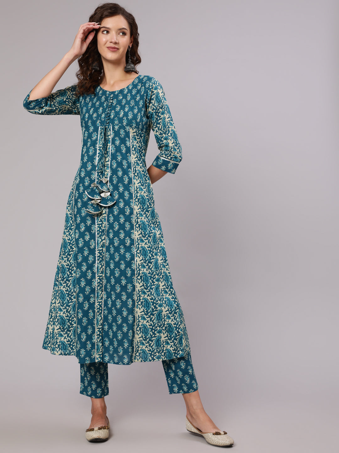 Blue Cotton Printed Embellished A-Line Flared Kali Kurta With Pants