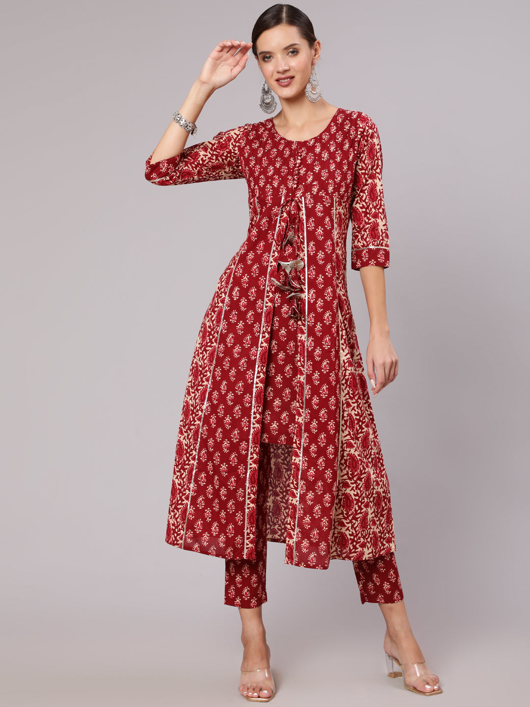 Maroon Cotton Printed Embellished A-Line Flared Kali Kurta With Pants