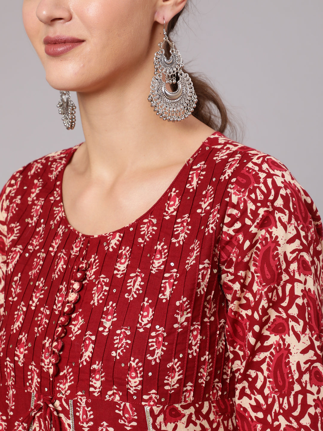 Maroon Cotton Printed Embellished A-Line Flared Kali Kurta With Pants