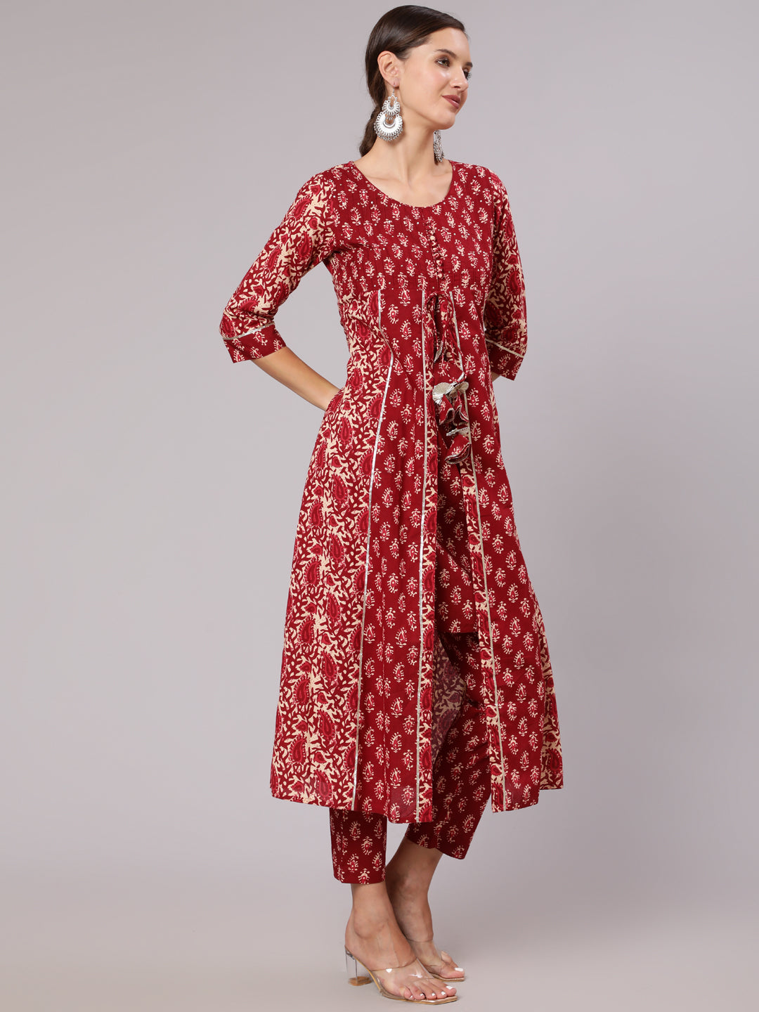 Maroon Cotton Printed Embellished A-Line Flared Kali Kurta With Pants