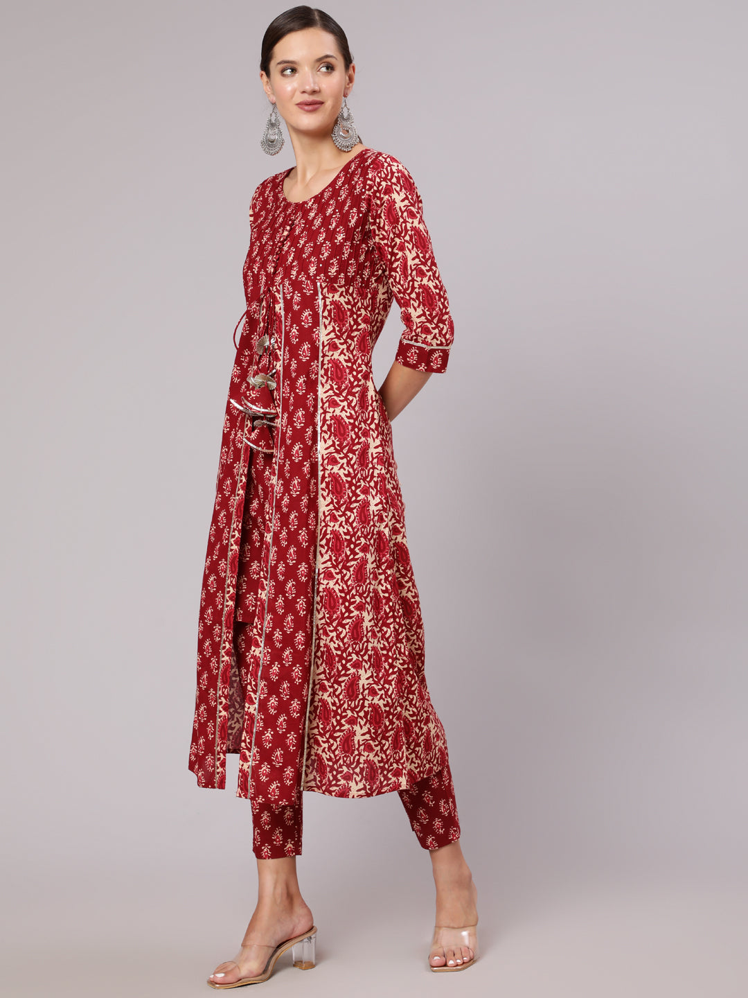 Maroon Cotton Printed Embellished A-Line Flared Kali Kurta With Pants