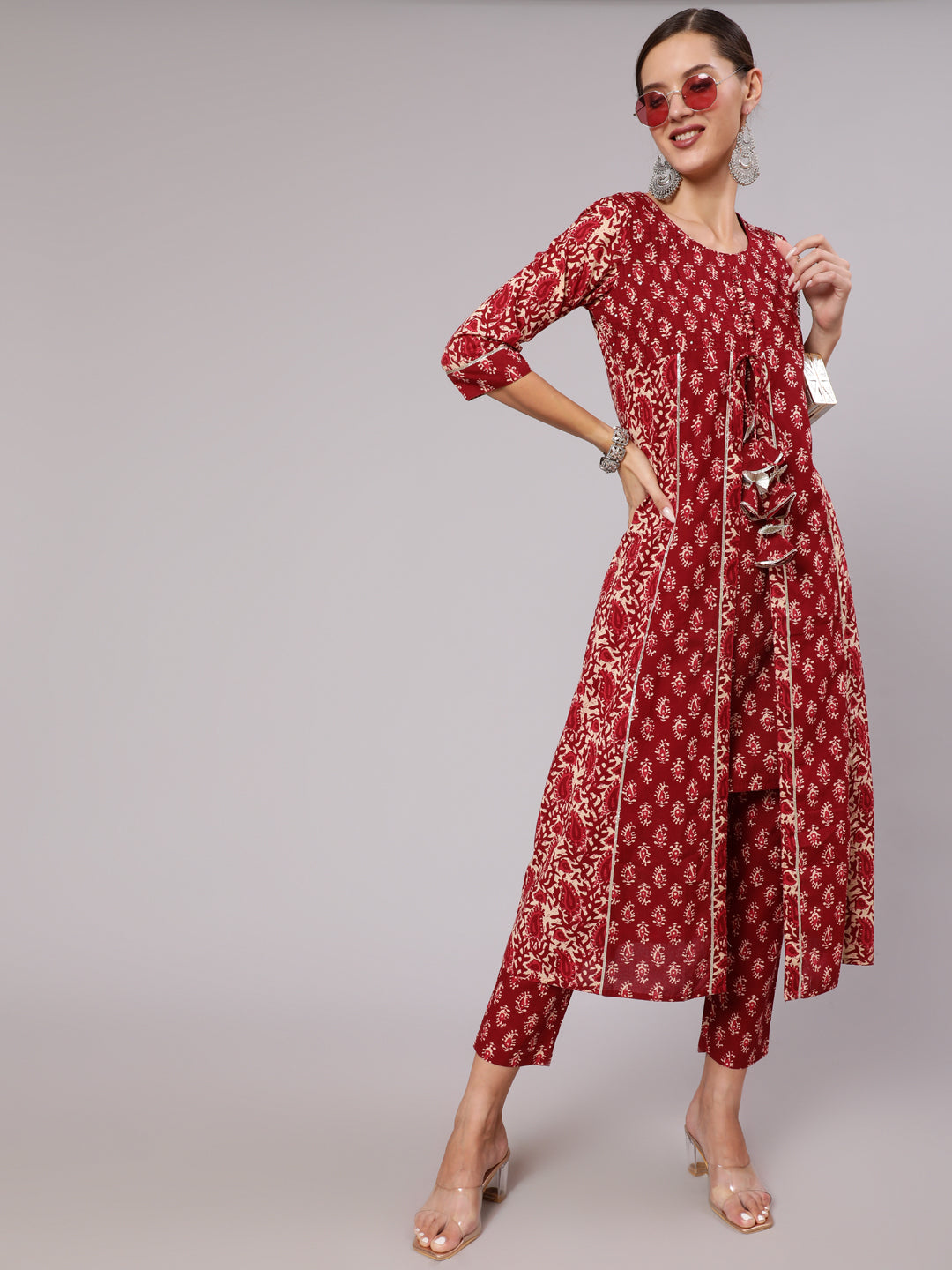Maroon Cotton Printed Embellished A-Line Flared Kali Kurta With Pants