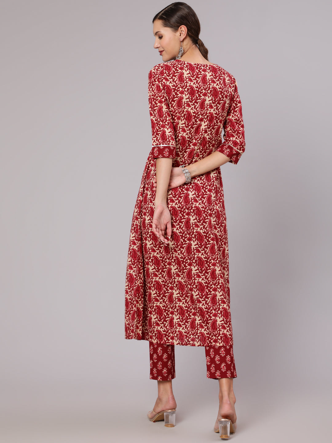 Maroon Cotton Printed Embellished A-Line Flared Kali Kurta With Pants
