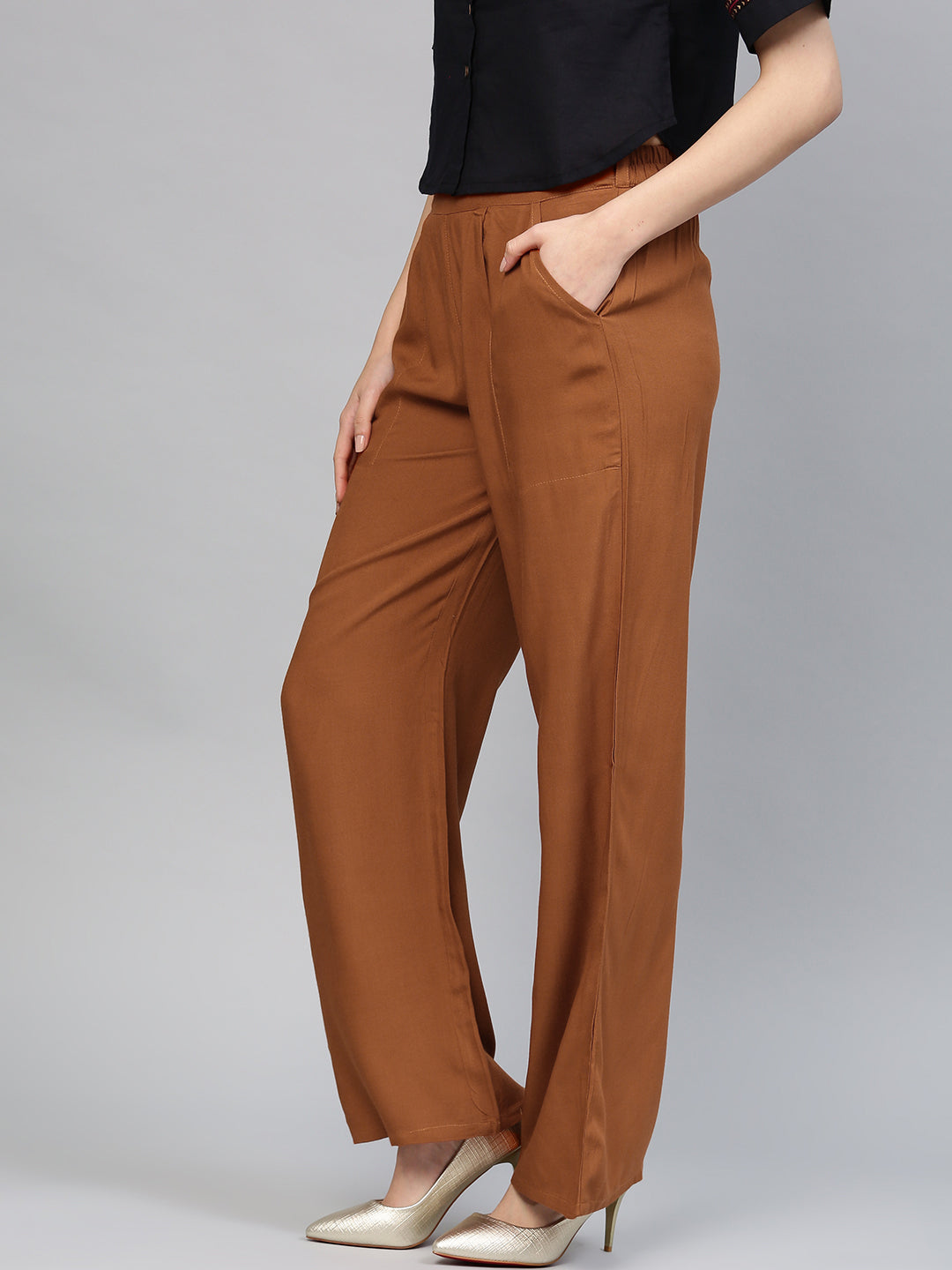 Brown Solid Rayon Palazzo