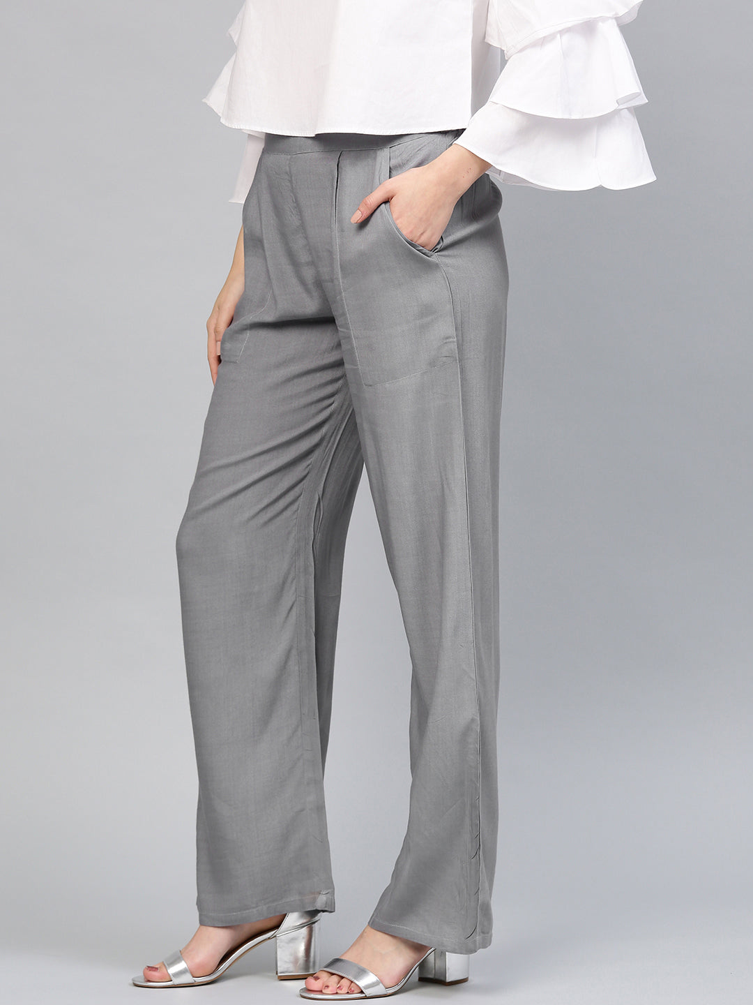 Grey Solid Rayon Palazzo