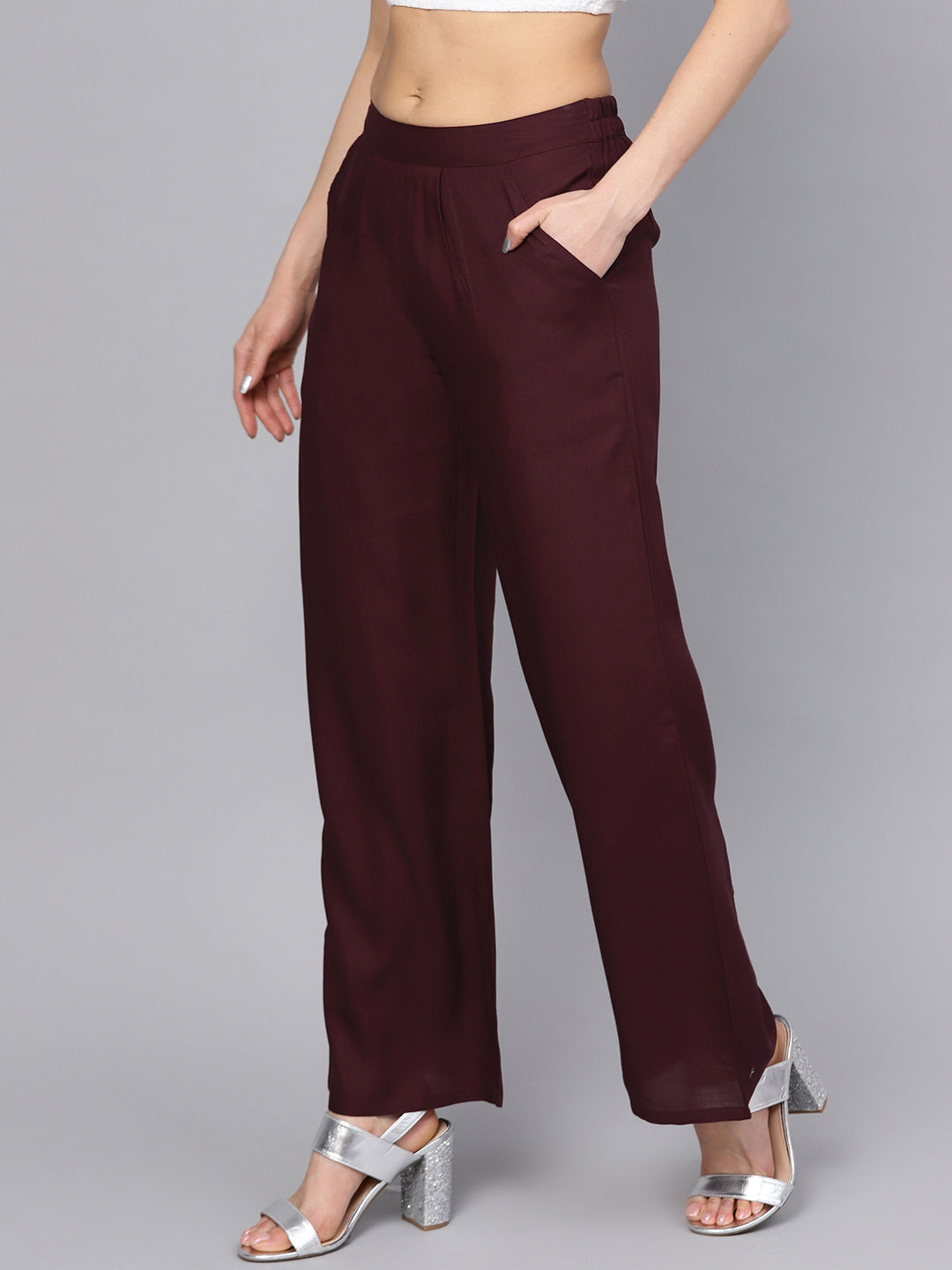 Burgundy Solid Straight Rayon Palazzo