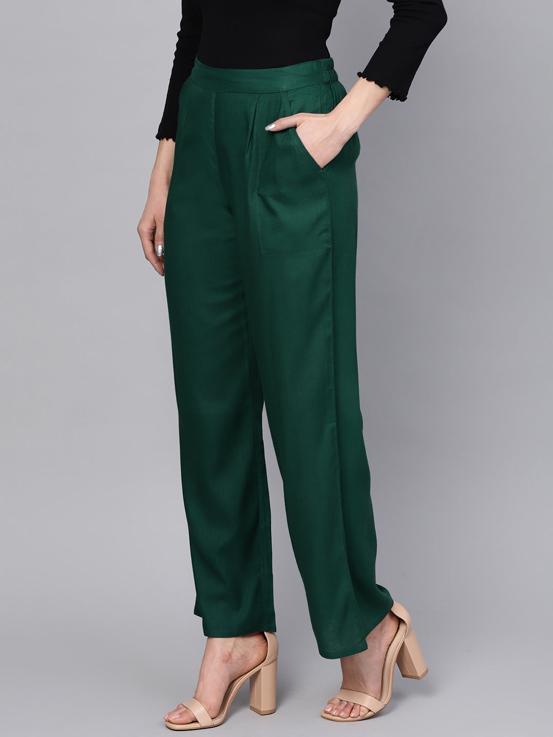 Bottle Green Solid Straight Rayon Palazzo