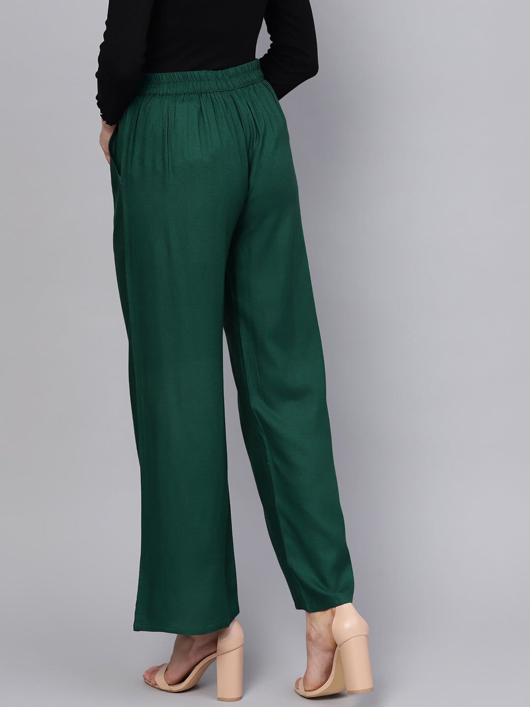 Bottle Green Solid Straight Rayon Palazzo