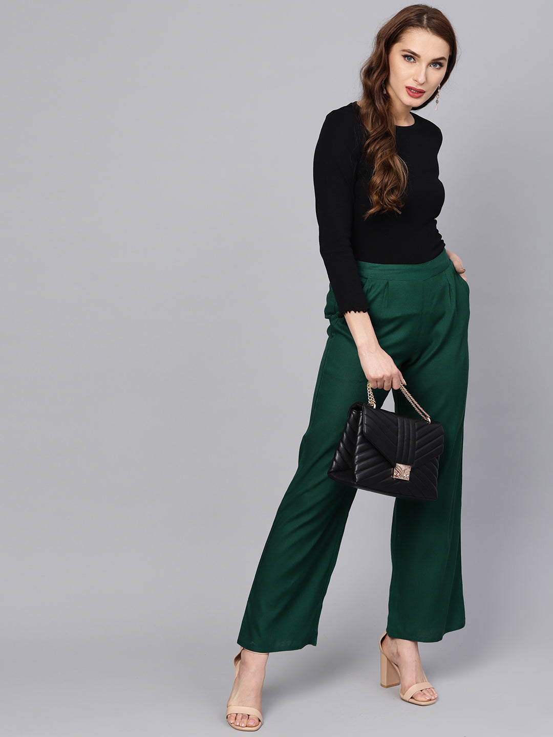 Bottle Green Solid Straight Rayon Palazzo