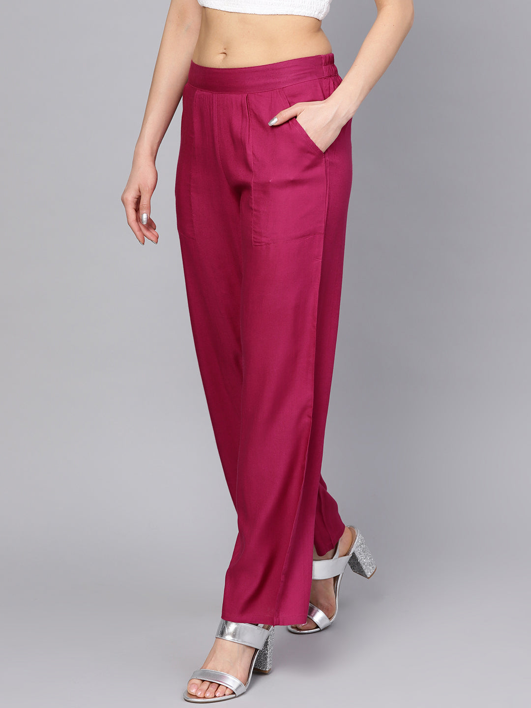 Magenta Solid Straight Rayon Palazzo