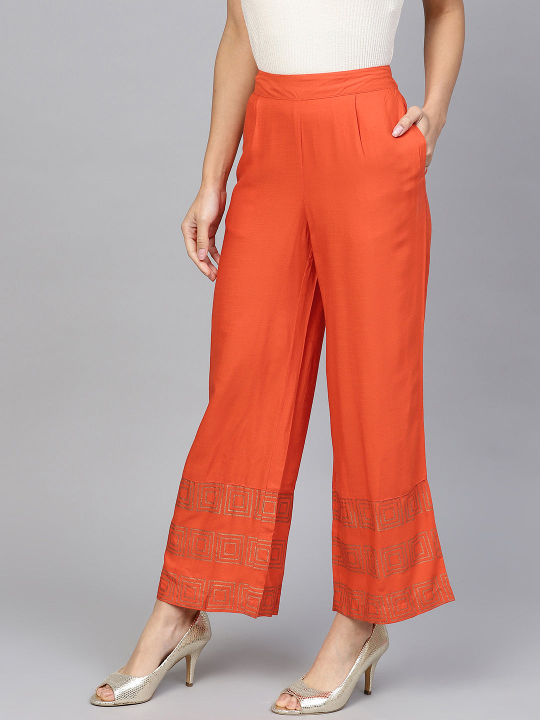 Orange Geometric Rayon Slub Palazzo