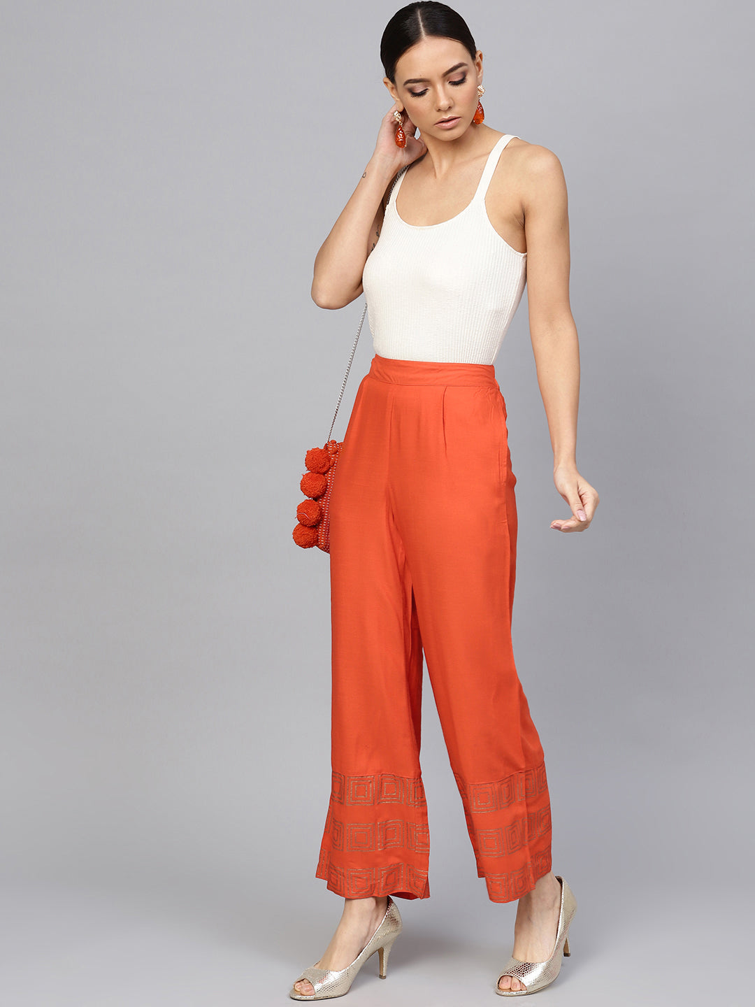 Orange Geometric Rayon Slub Palazzo