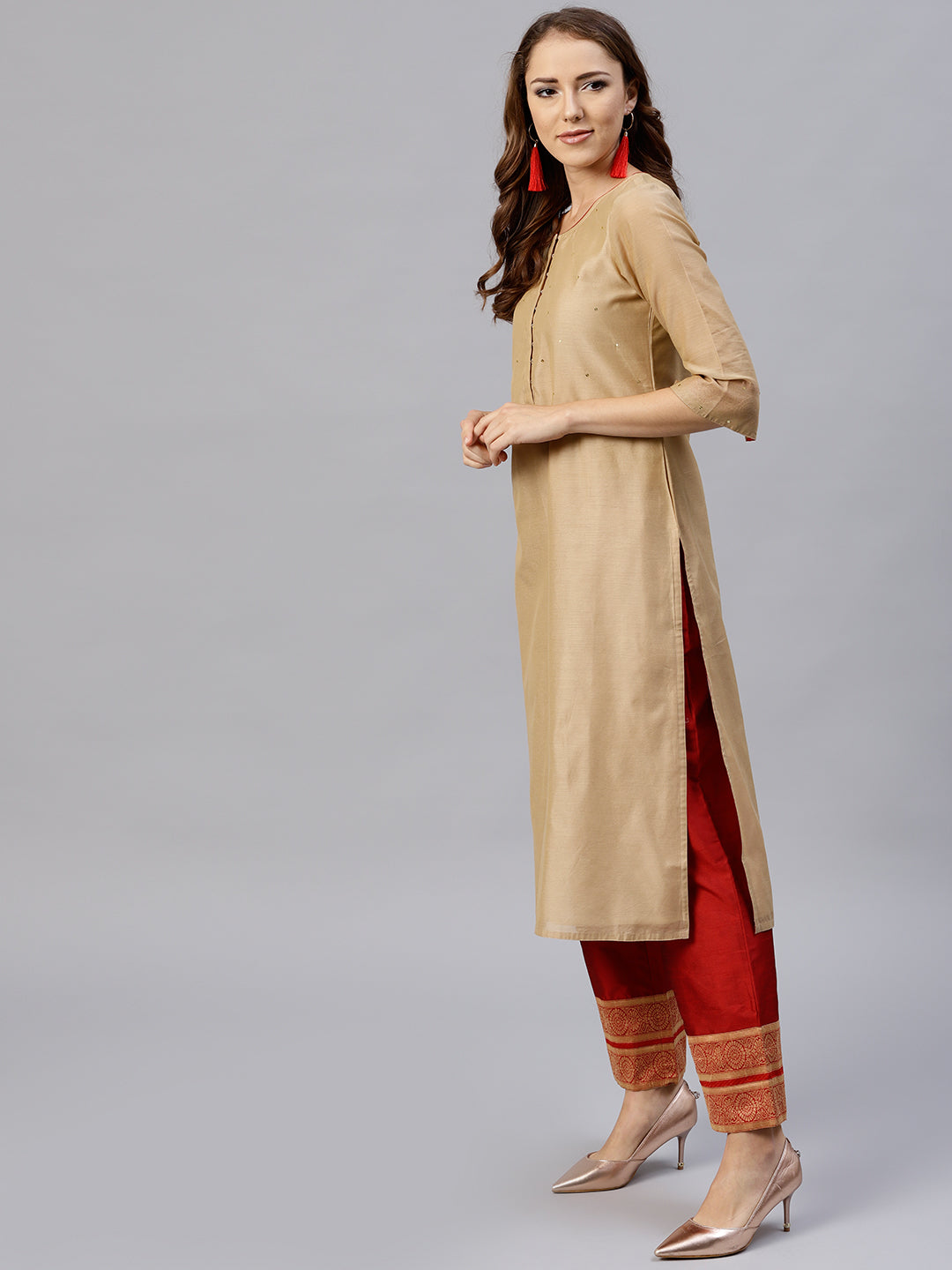Beige And Red Solid Straight Chanderi Kurta With Palazzo And Dupatta