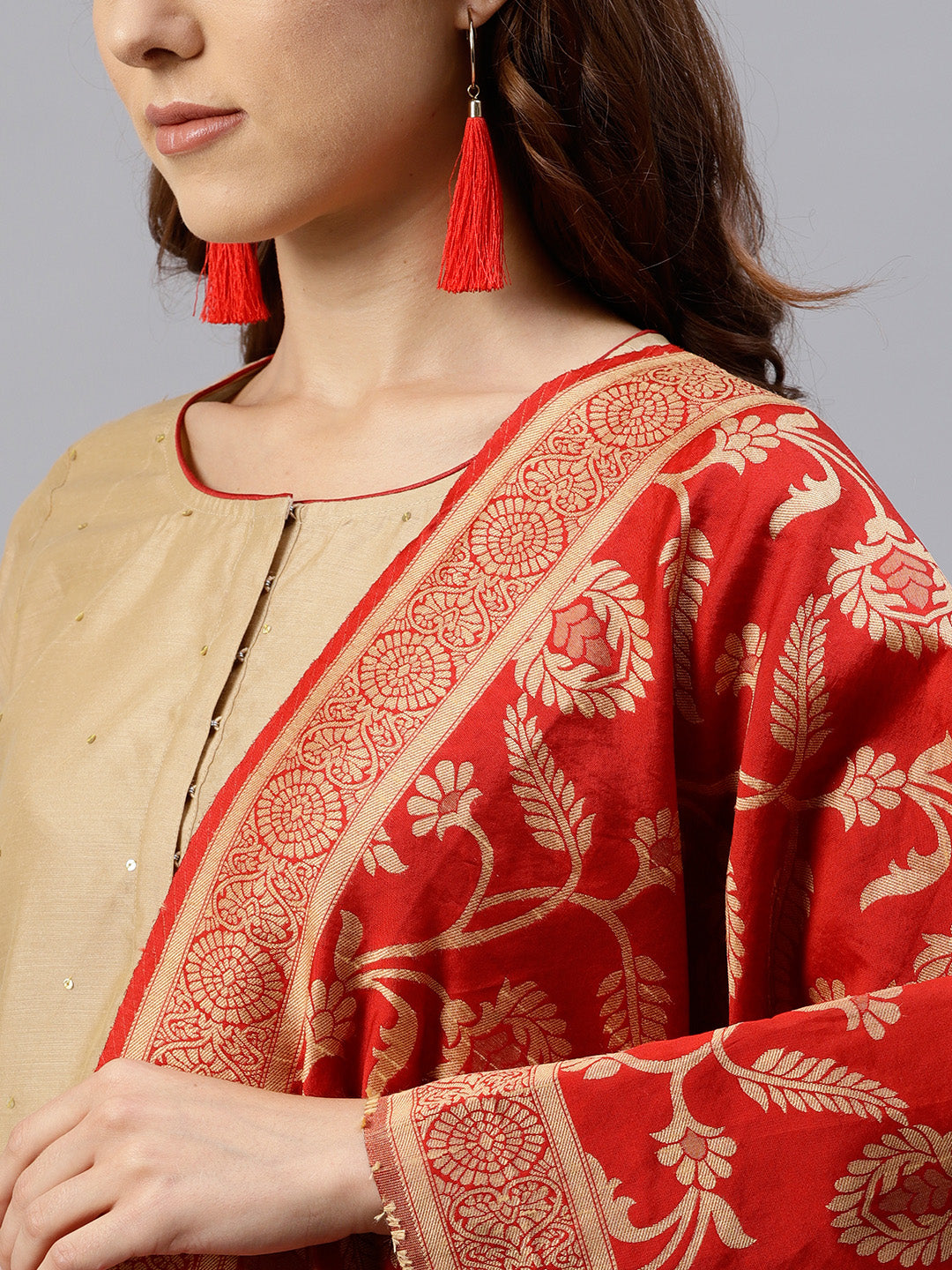 Beige And Red Solid Straight Chanderi Kurta With Palazzo And Dupatta