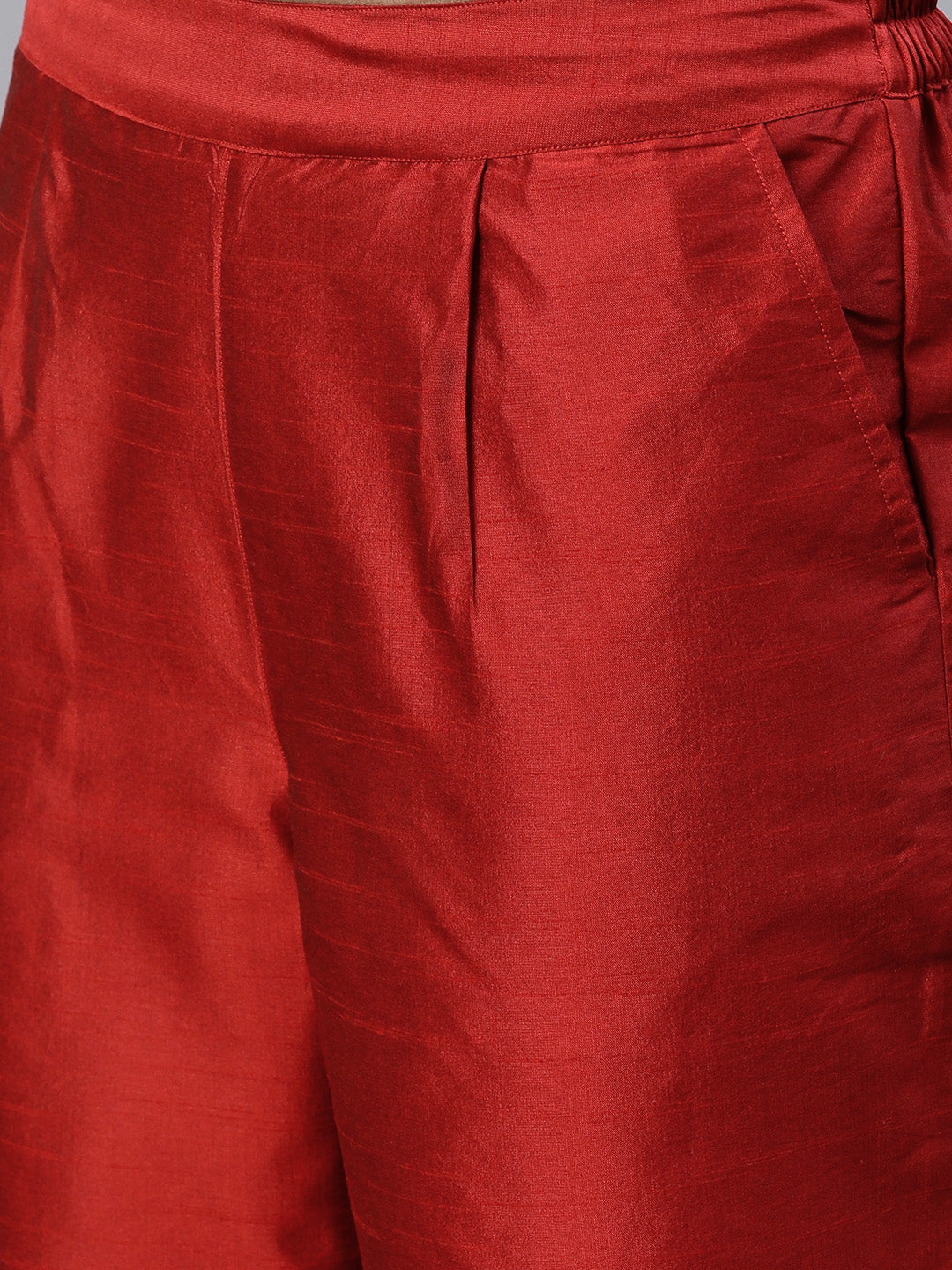 Beige And Red Solid Straight Chanderi Kurta With Palazzo And Dupatta