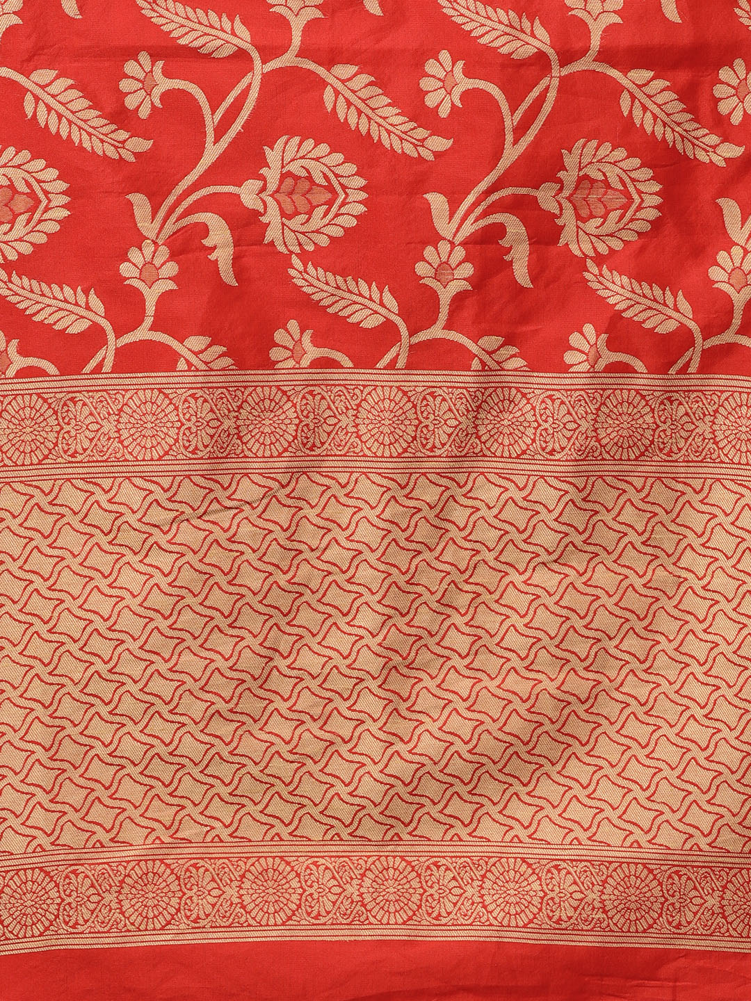 Beige And Red Solid Straight Chanderi Kurta With Palazzo And Dupatta