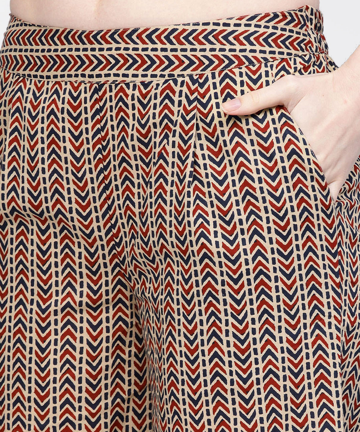 Navy Blue & Beige Ethnic Motifs Straight Cotton Kurta With Palazzo & Dupatta