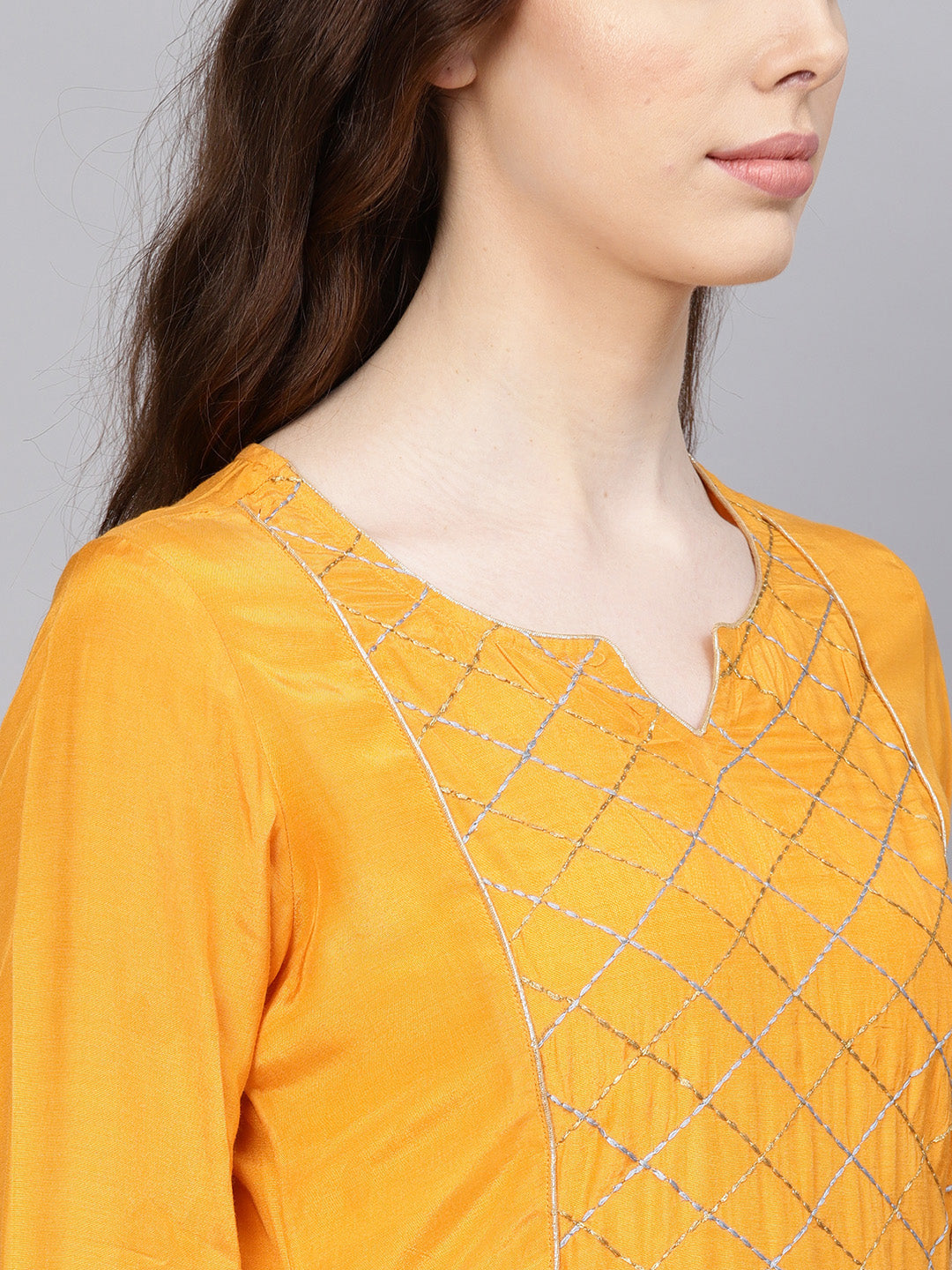 Mustard & Grey Yoke Design Kurta With Palazzos & Net Dupatta