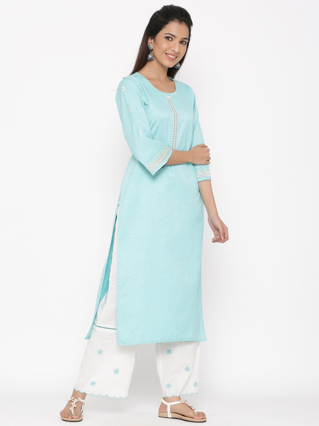 Aqua Straight Cotton Blend Kurta With Palazzo