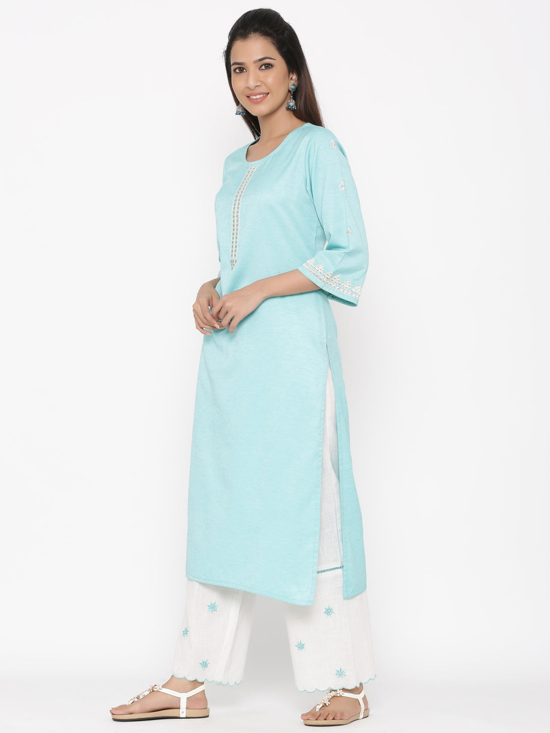 Aqua Straight Cotton Blend Kurta With Palazzo