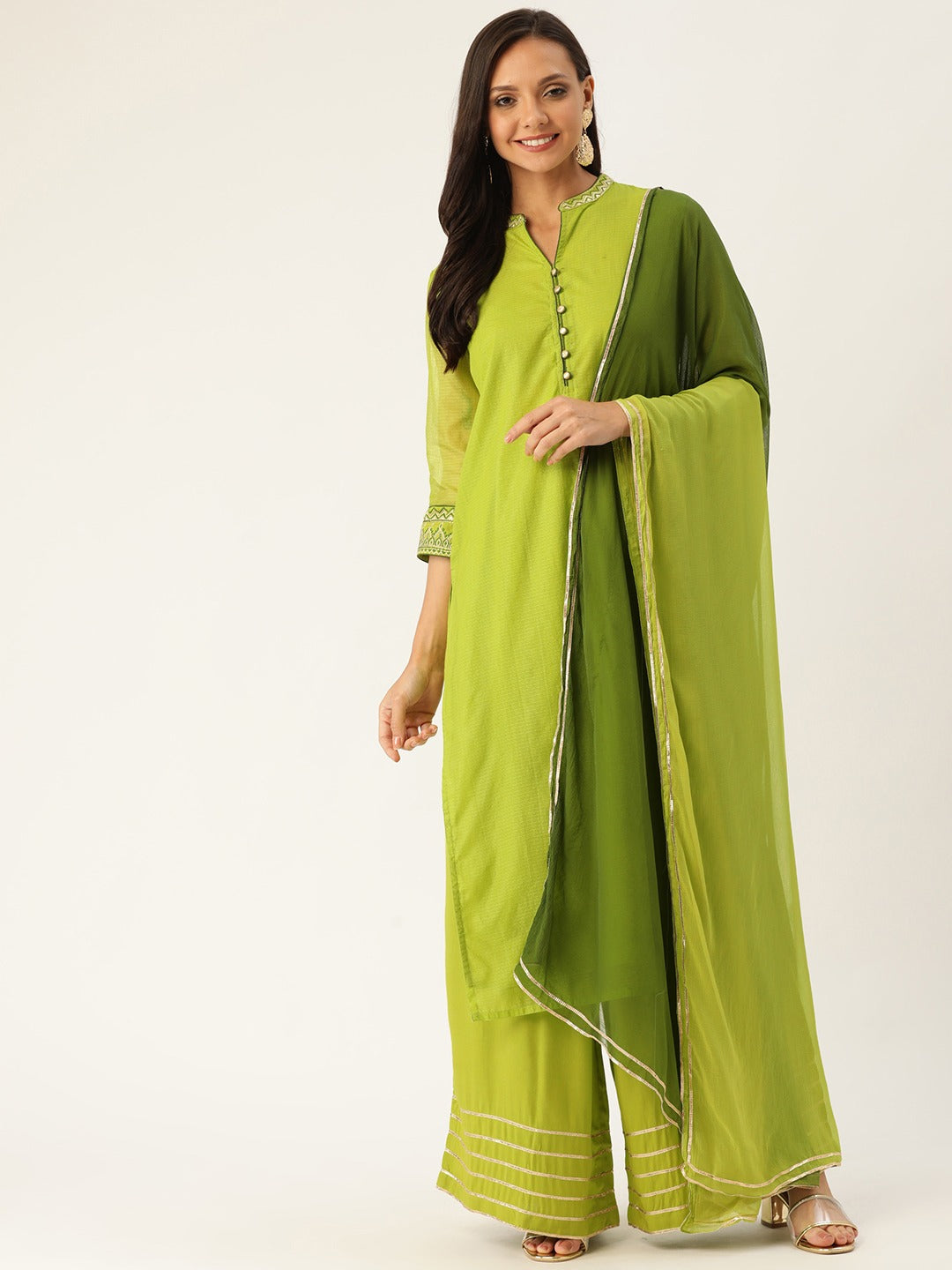 Green Woven Design Straight Silk Blend Kurta With Palazzo And Dupatta