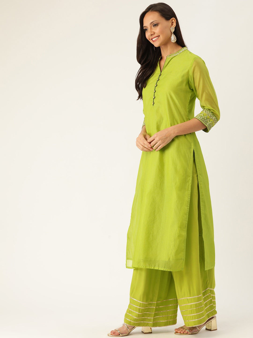 Green Woven Design Straight Silk Blend Kurta With Palazzo And Dupatta