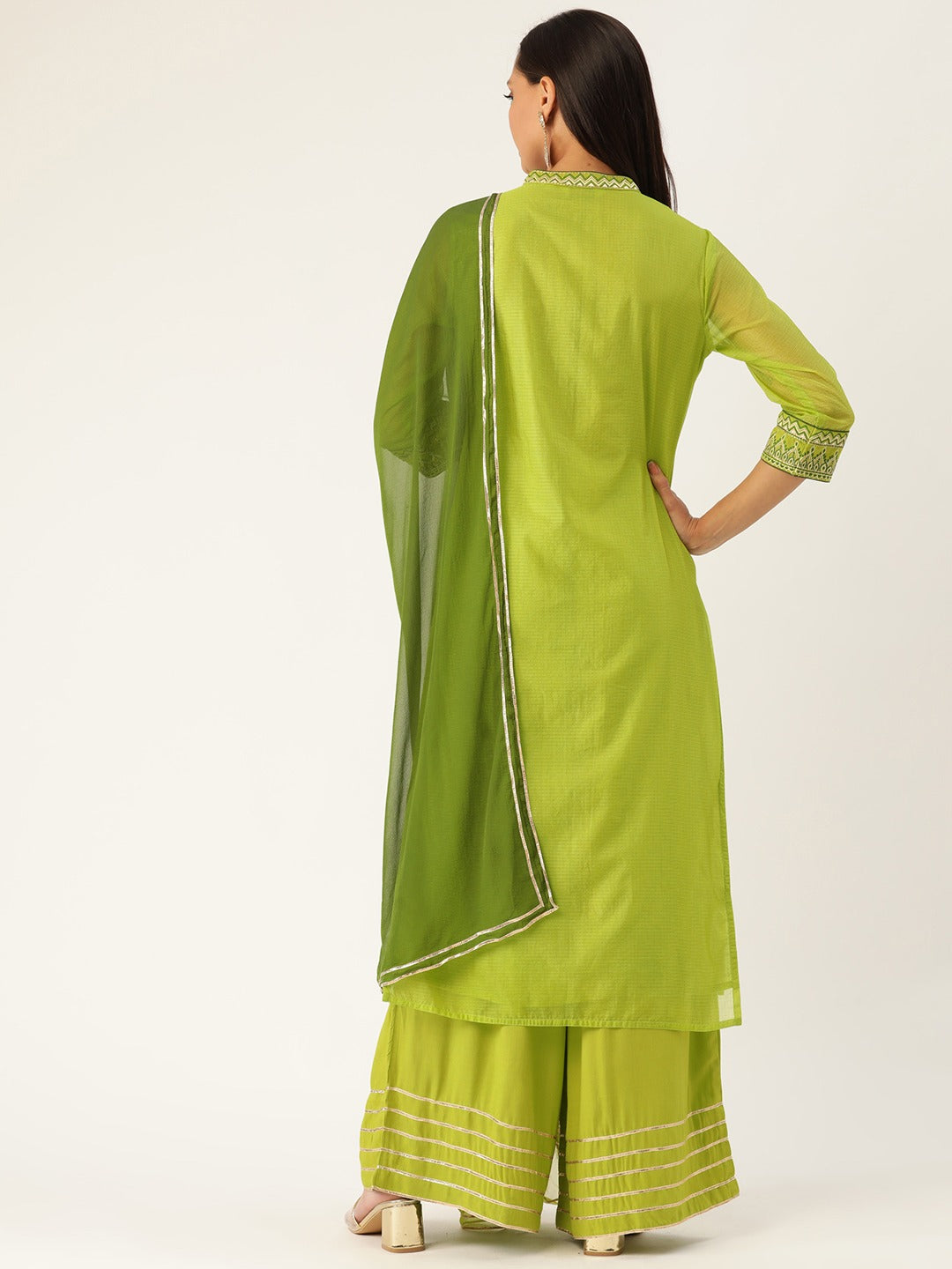 Green Woven Design Straight Silk Blend Kurta With Palazzo And Dupatta