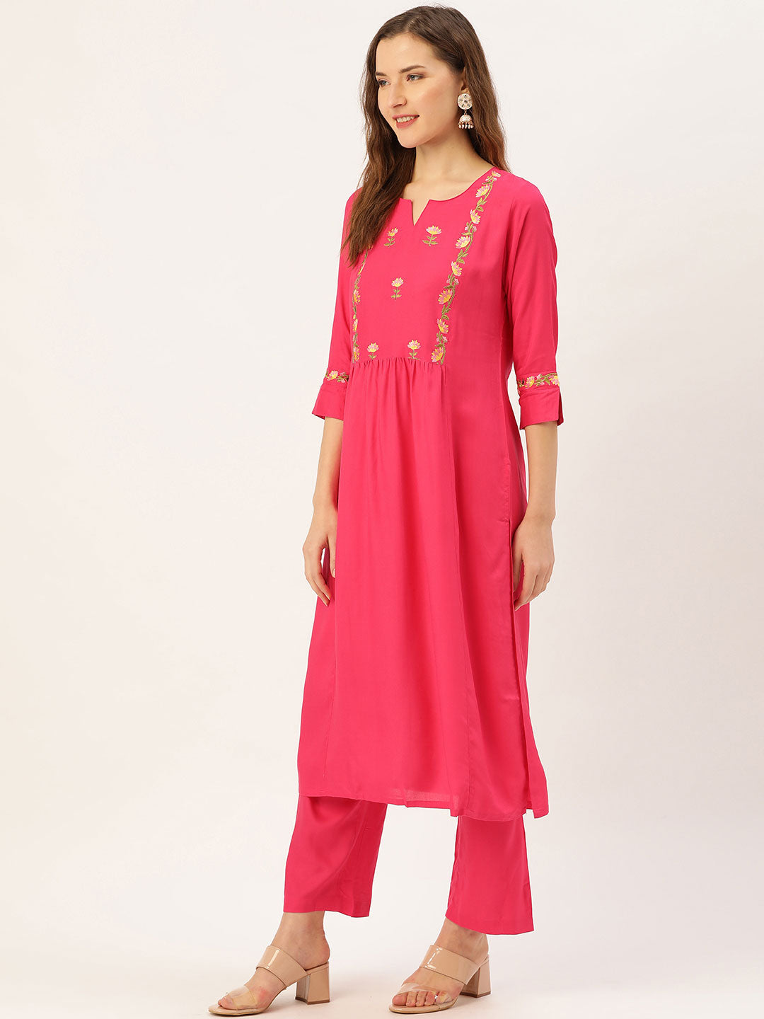 Pink Embroidered Straight Kurta With Palazzo & Dupatta