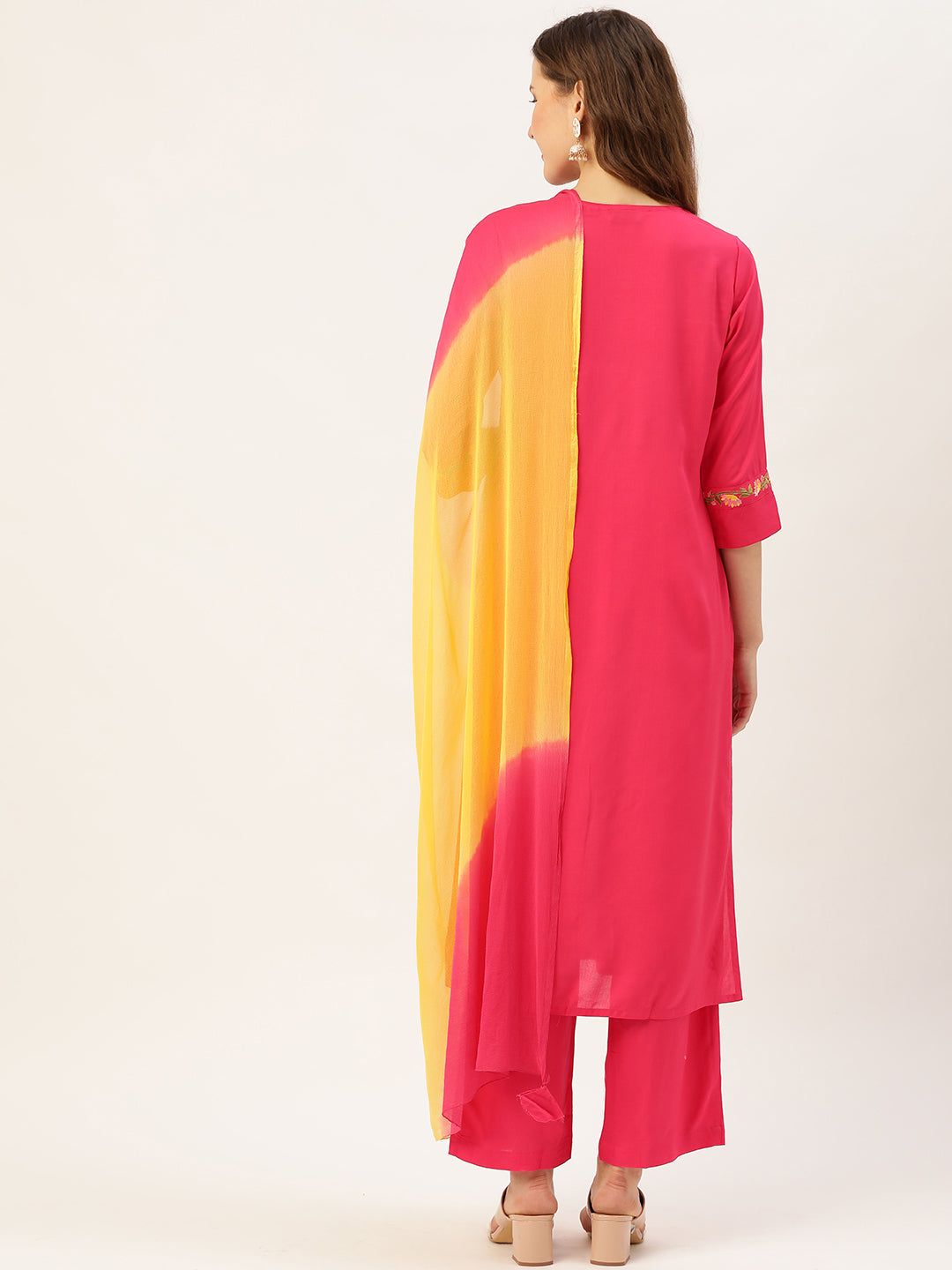 Pink Embroidered Straight Kurta With Palazzo & Dupatta