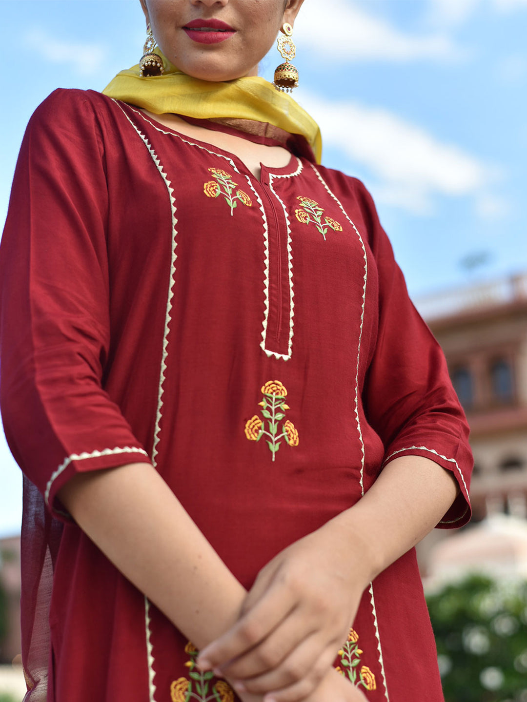 Maroon Embroidered Silk Crepe Straight Kurta With Palazzos & Dupatta