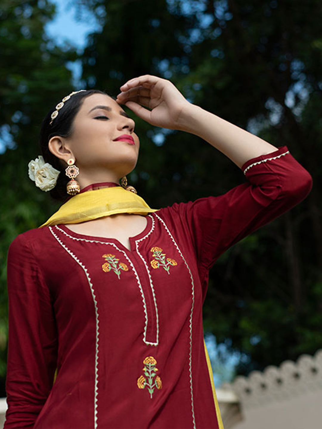 Maroon Embroidered Silk Crepe Straight Kurta With Palazzos & Dupatta
