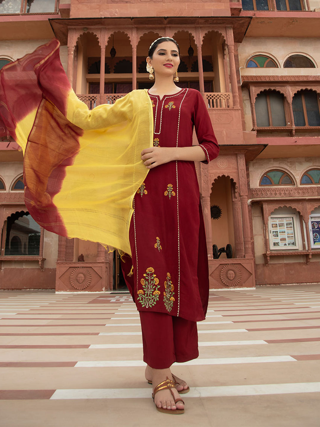Maroon Embroidered Silk Crepe Straight Kurta With Palazzos & Dupatta