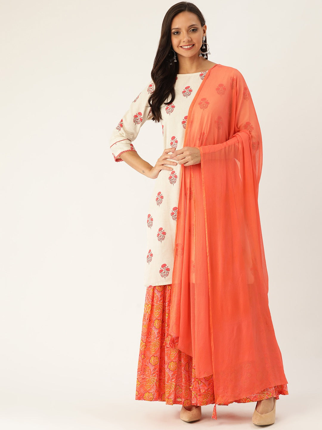 Off White Ethnic Print Straight Cotton Flex Kurta With Sharara And Dupatta