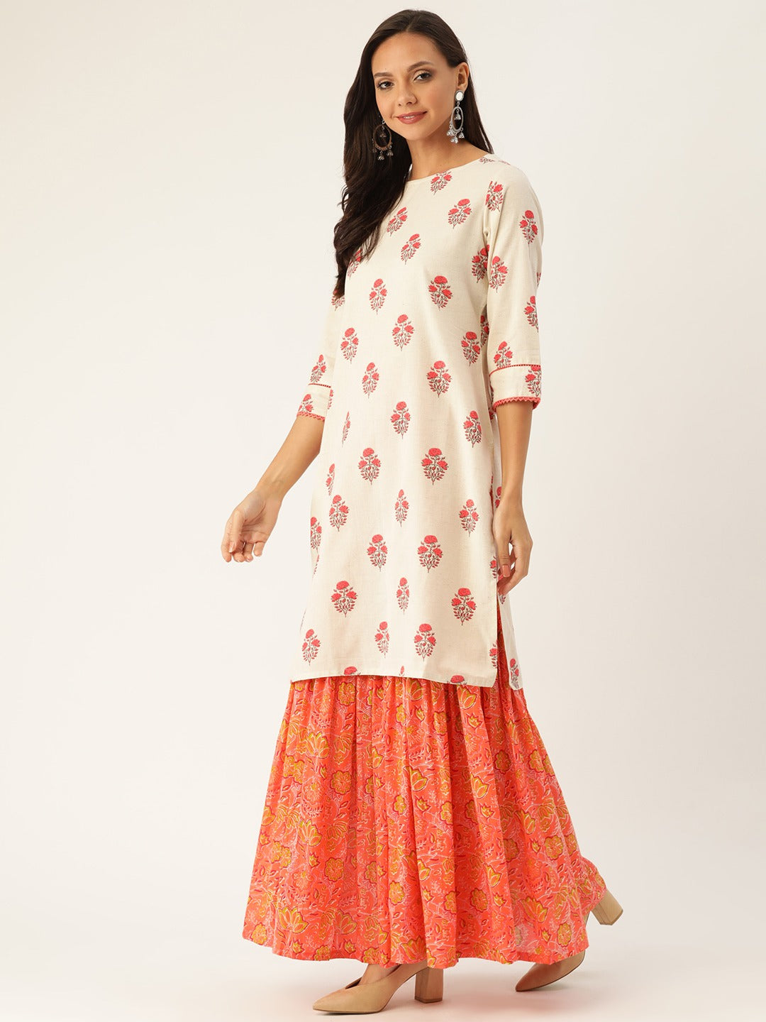 Off White Ethnic Print Straight Cotton Flex Kurta With Sharara And Dupatta