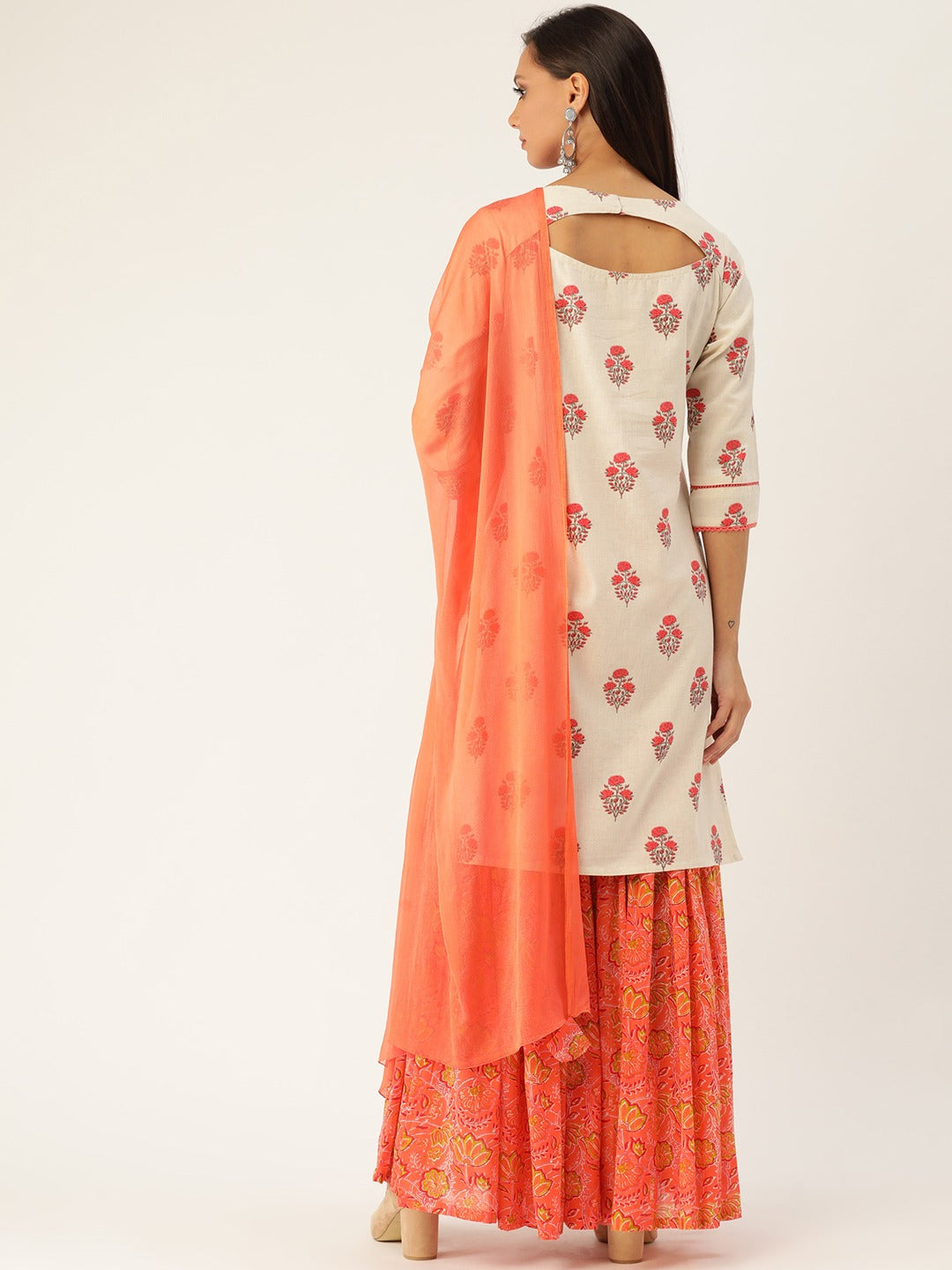 Off White Ethnic Print Straight Cotton Flex Kurta With Sharara And Dupatta