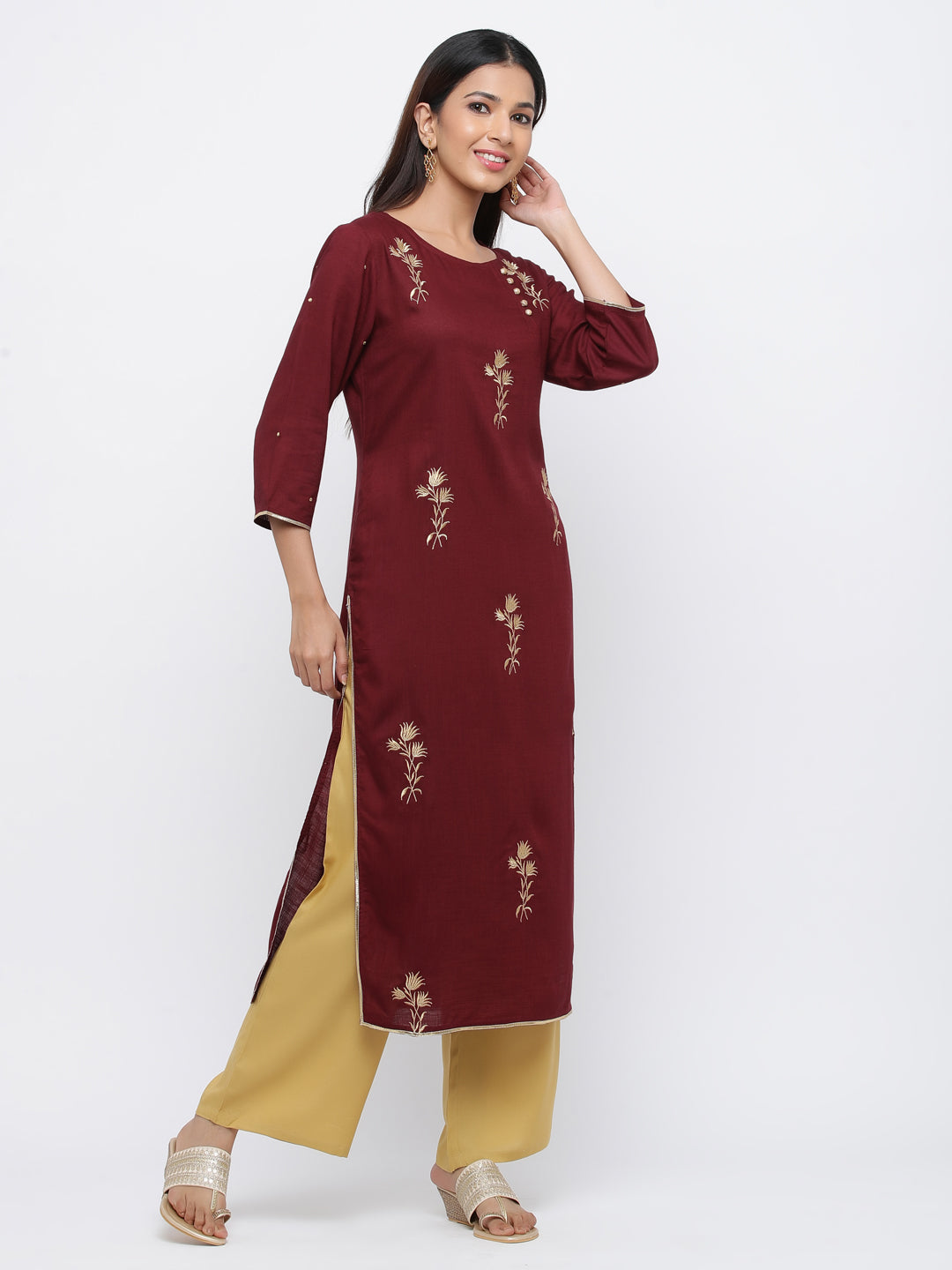 Maroon & Beige Solid Straight Viscose Rayon Kurta With Palazzo