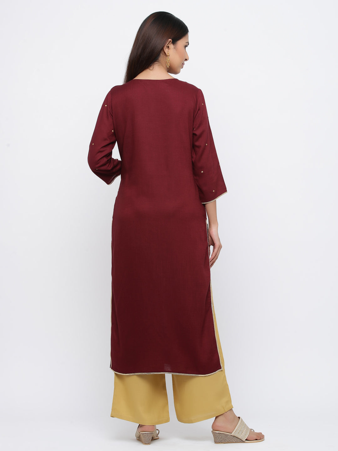 Maroon & Beige Solid Straight Viscose Rayon Kurta With Palazzo