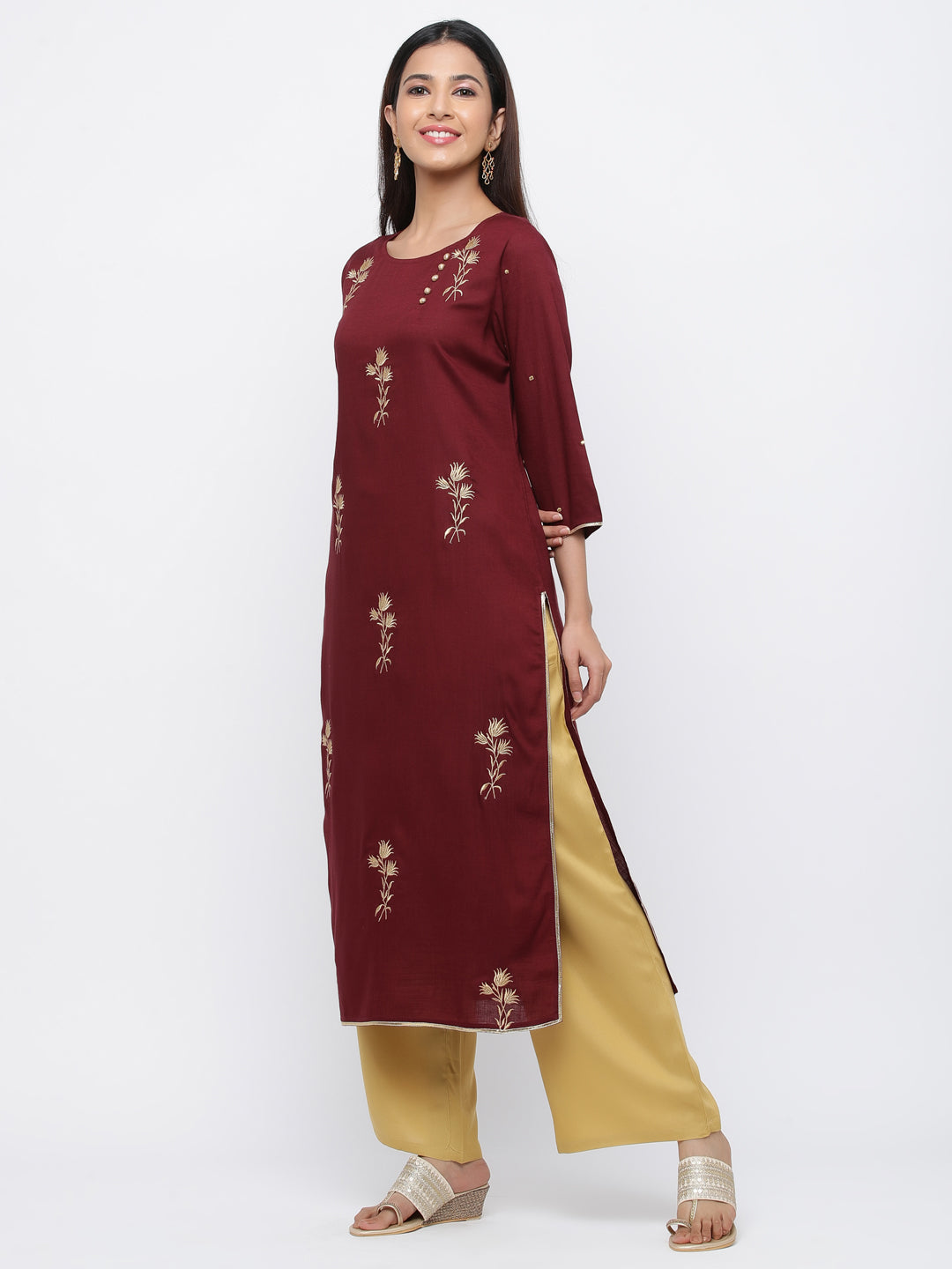 Maroon & Beige Solid Straight Viscose Rayon Kurta With Palazzo
