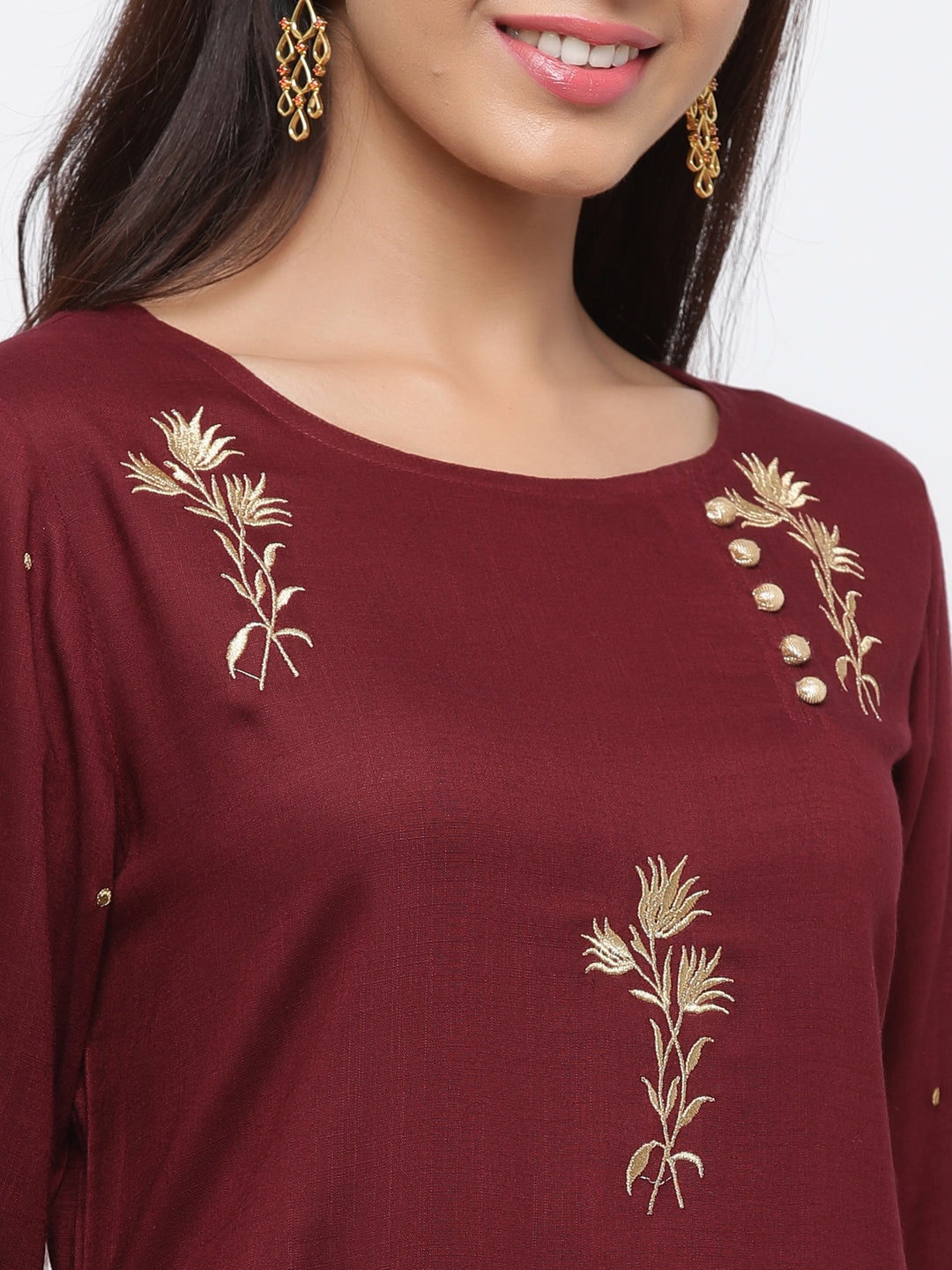 Maroon & Beige Solid Straight Viscose Rayon Kurta With Palazzo