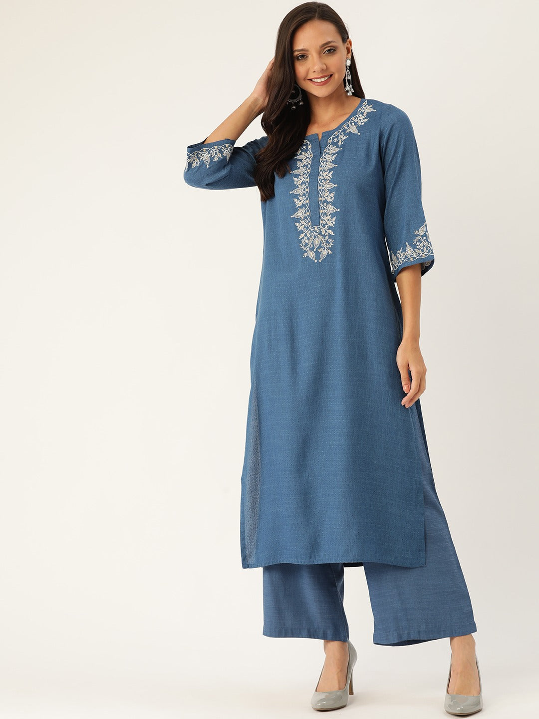 Blue Woven Design Straight Blended Kurta With Palazzo