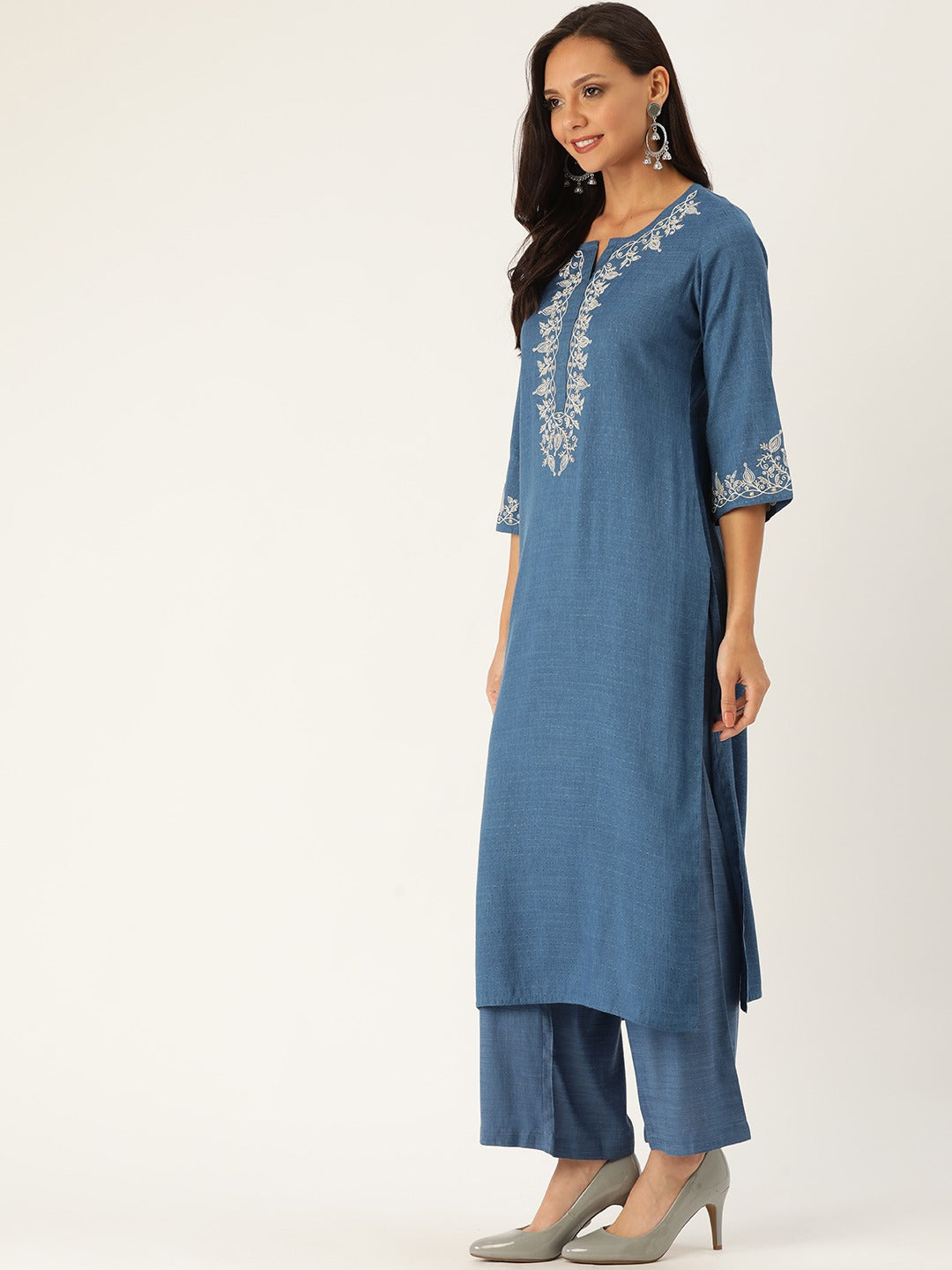 Blue Woven Design Straight Blended Kurta With Palazzo