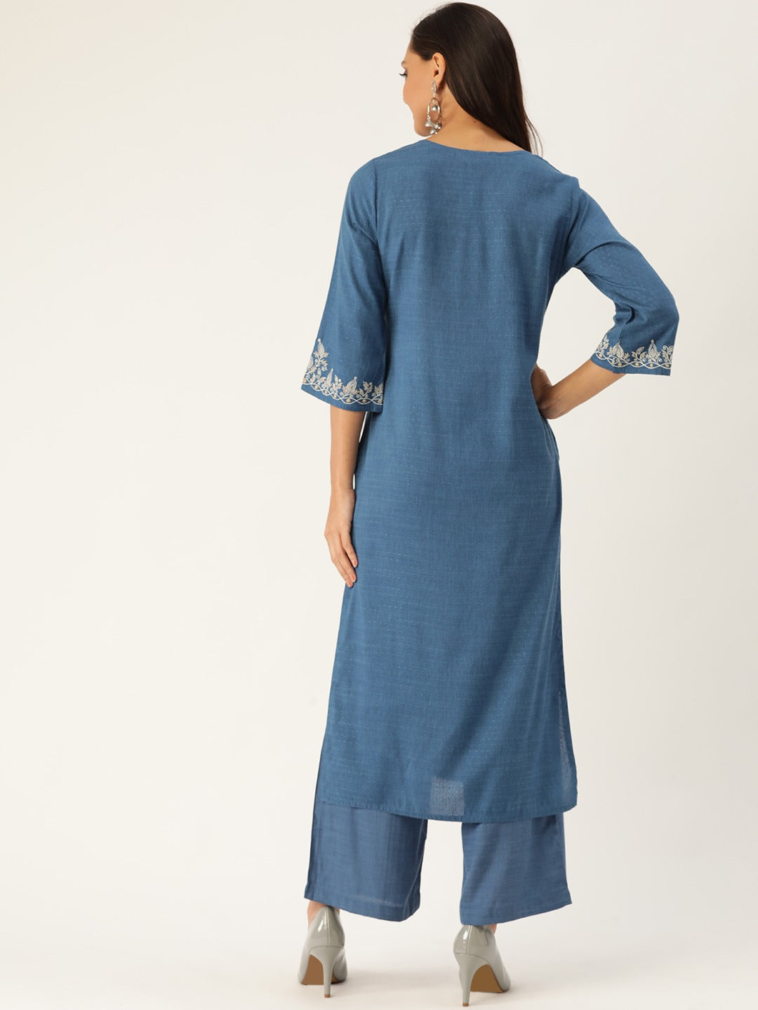Blue Woven Design Straight Blended Kurta With Palazzo