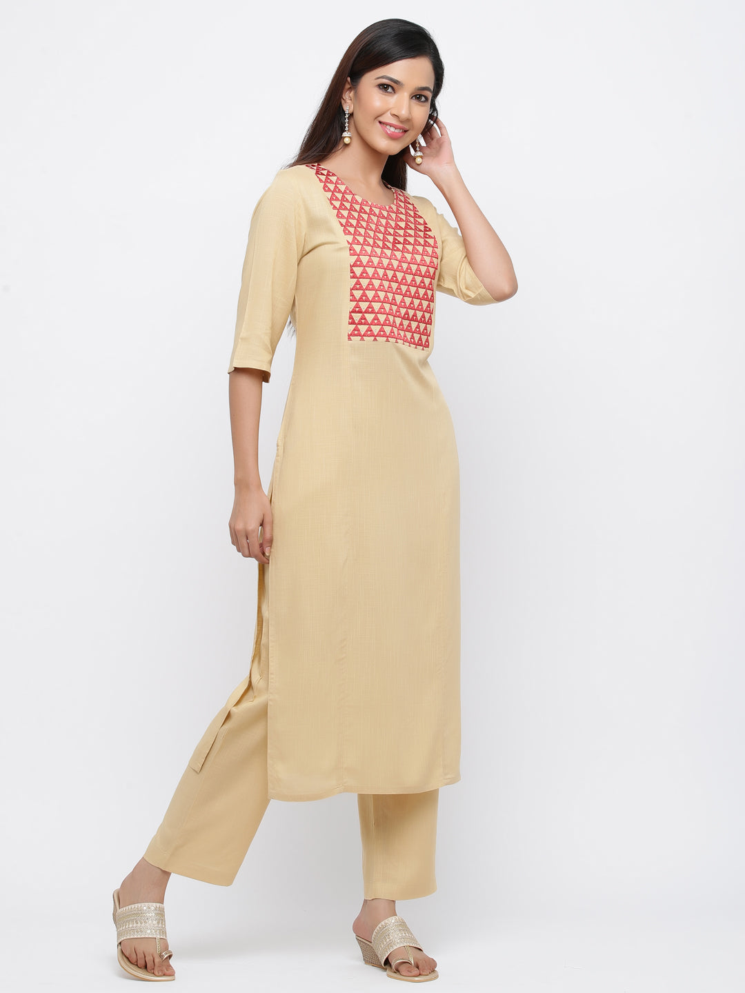 Beige Solid Straight Blended Kurta With Palazzo