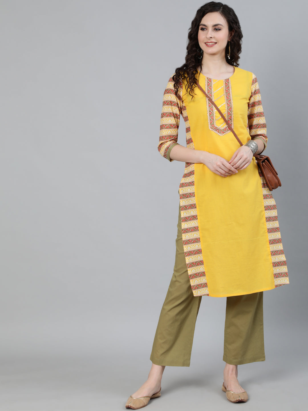 Yellow Ethnic Printed Straight Kurta With Palazzo Set