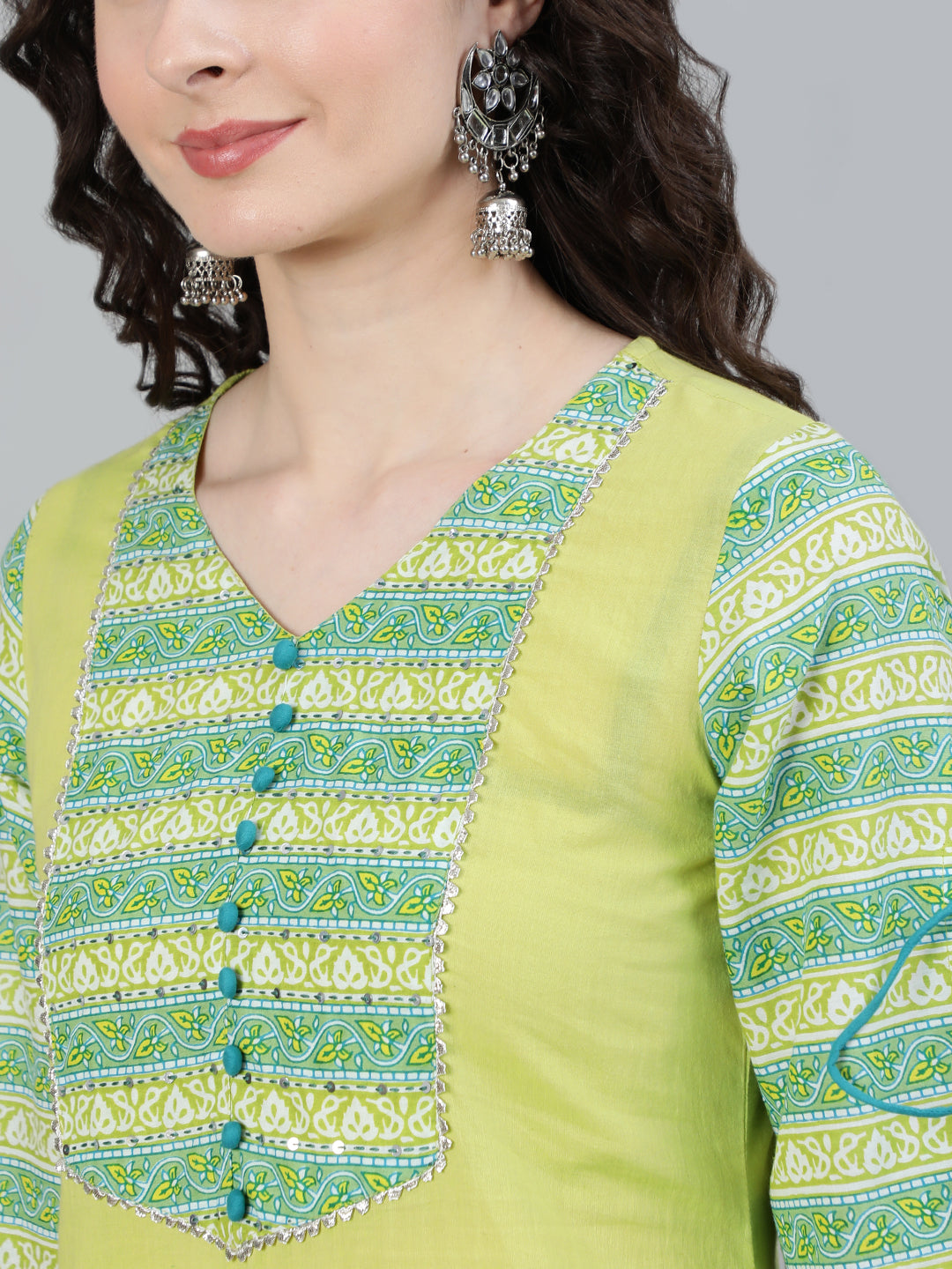 Green Ethnic Motifs Yoke Design Pure Cotton Kurta With Trousers