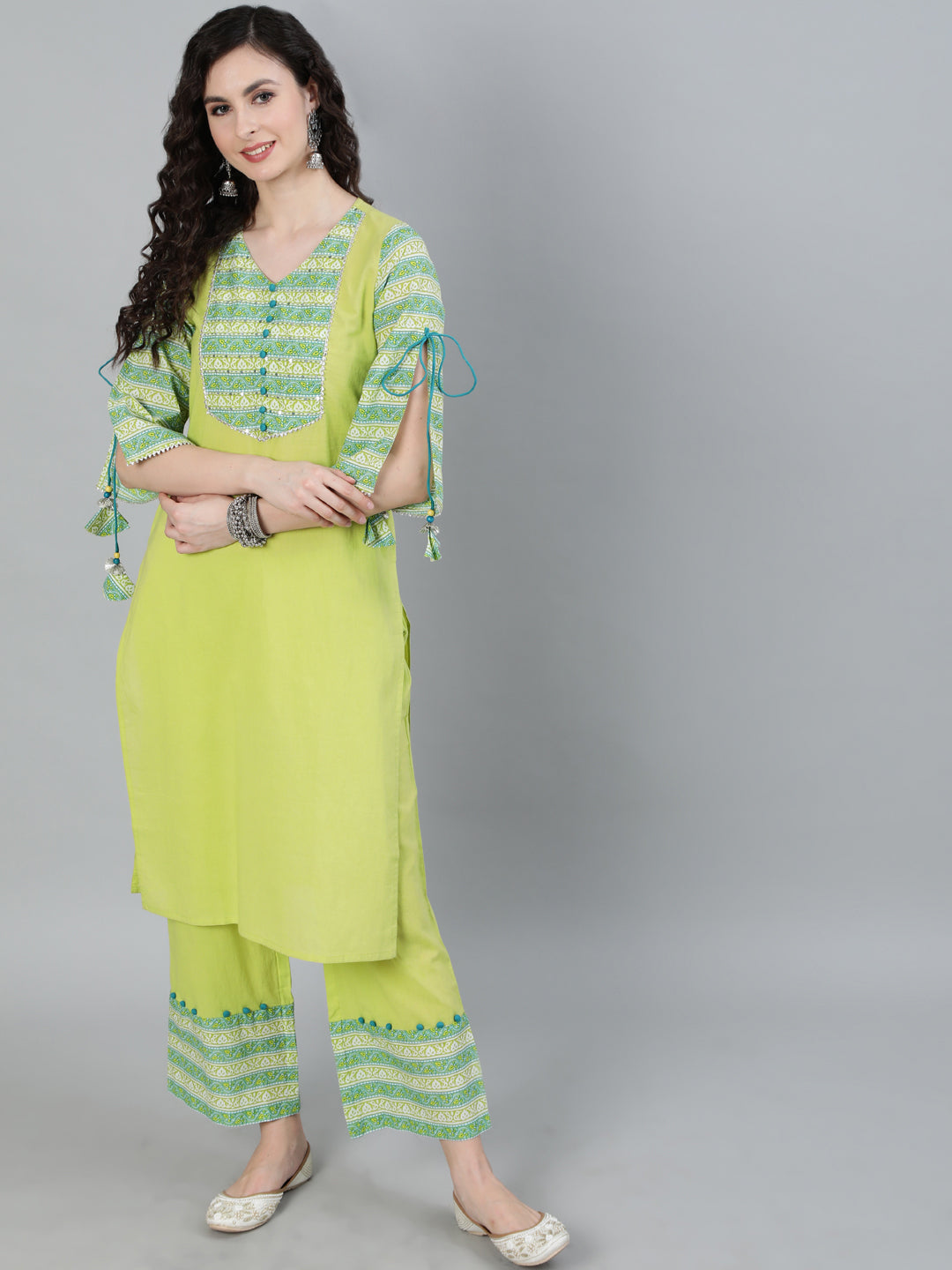 Green Ethnic Motifs Yoke Design Pure Cotton Kurta With Trousers